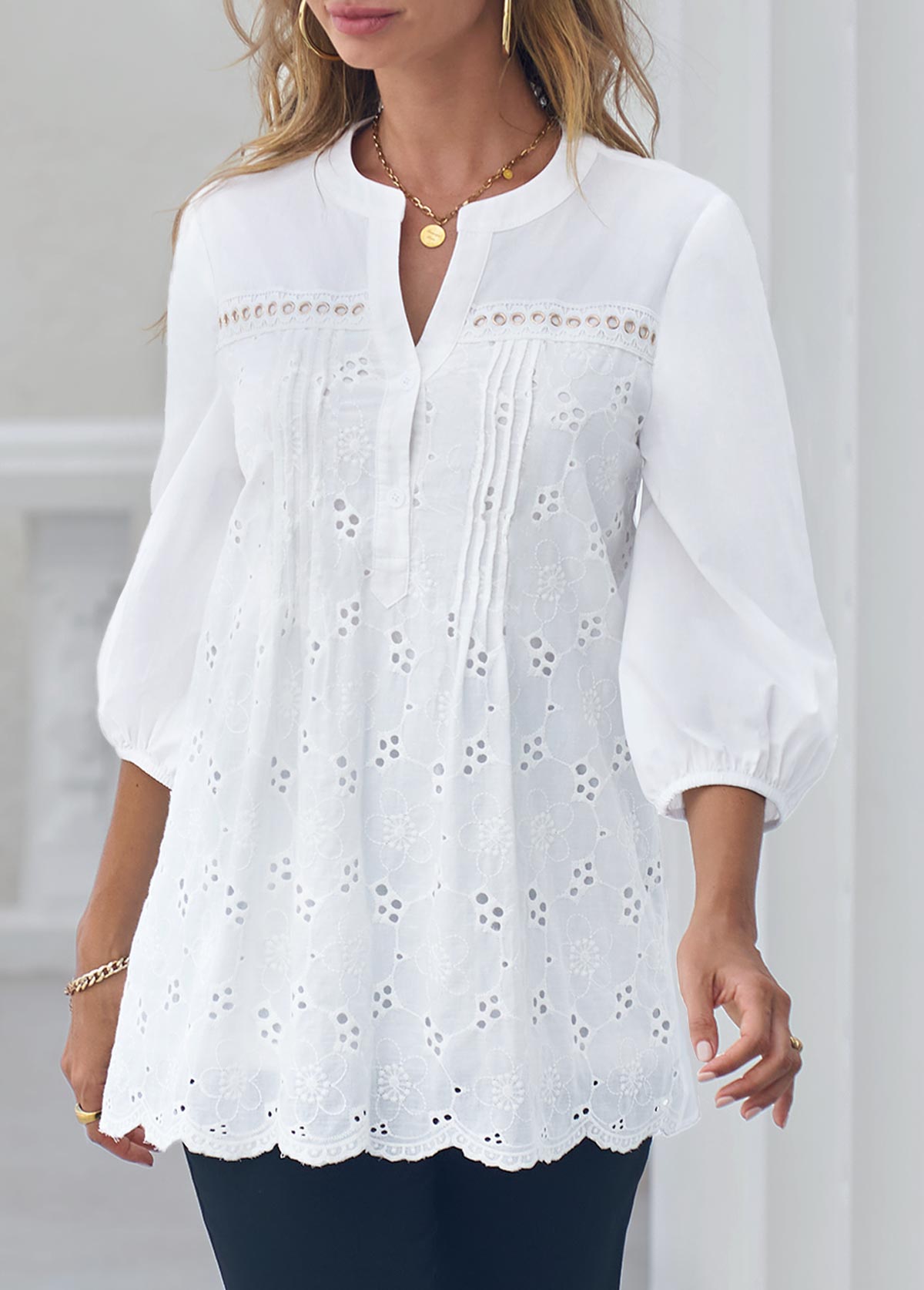 Embroidered Hollow Out Split Neck White Blouse | modlily.com - USD 33.98