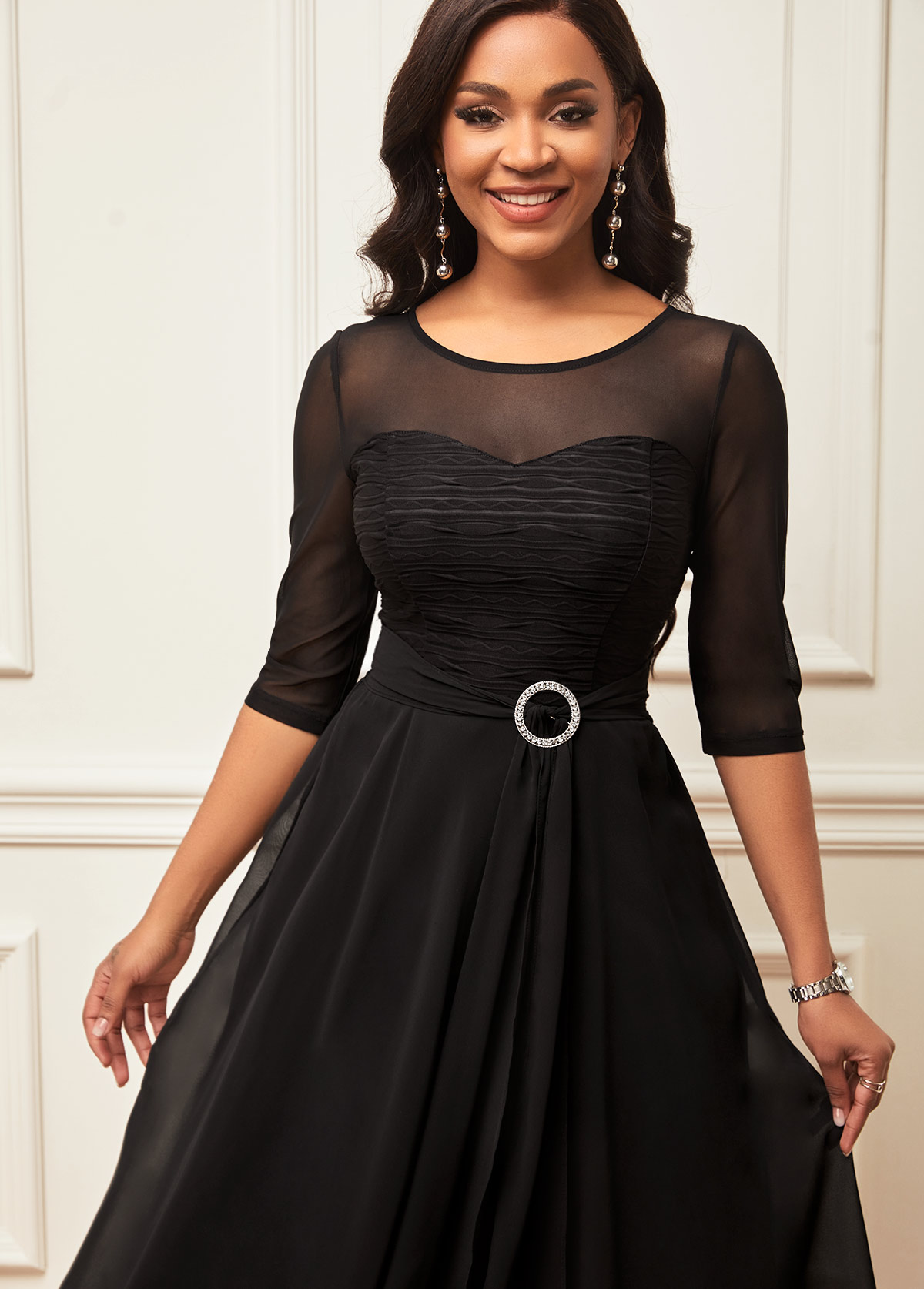 Layered Hem 3/4 Sleeve Chiffon Black Dress