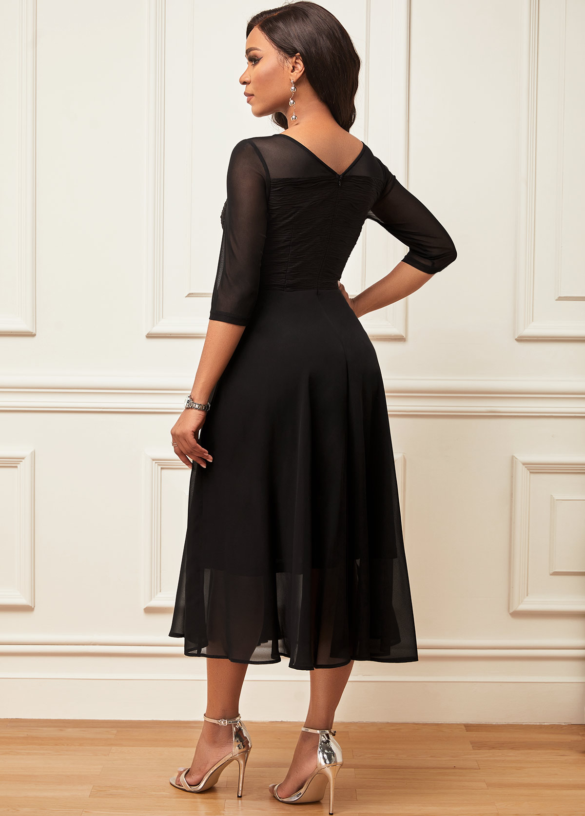 Layered Hem 3/4 Sleeve Chiffon Black Dress