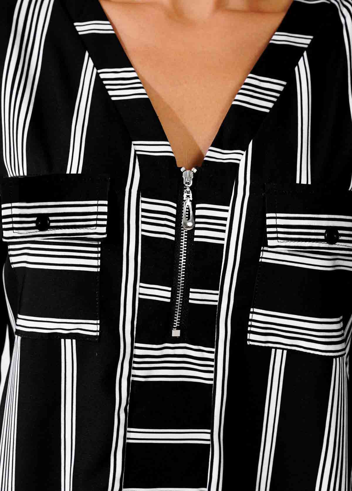 Striped Color Block V Neck Zipper Detail Blouse