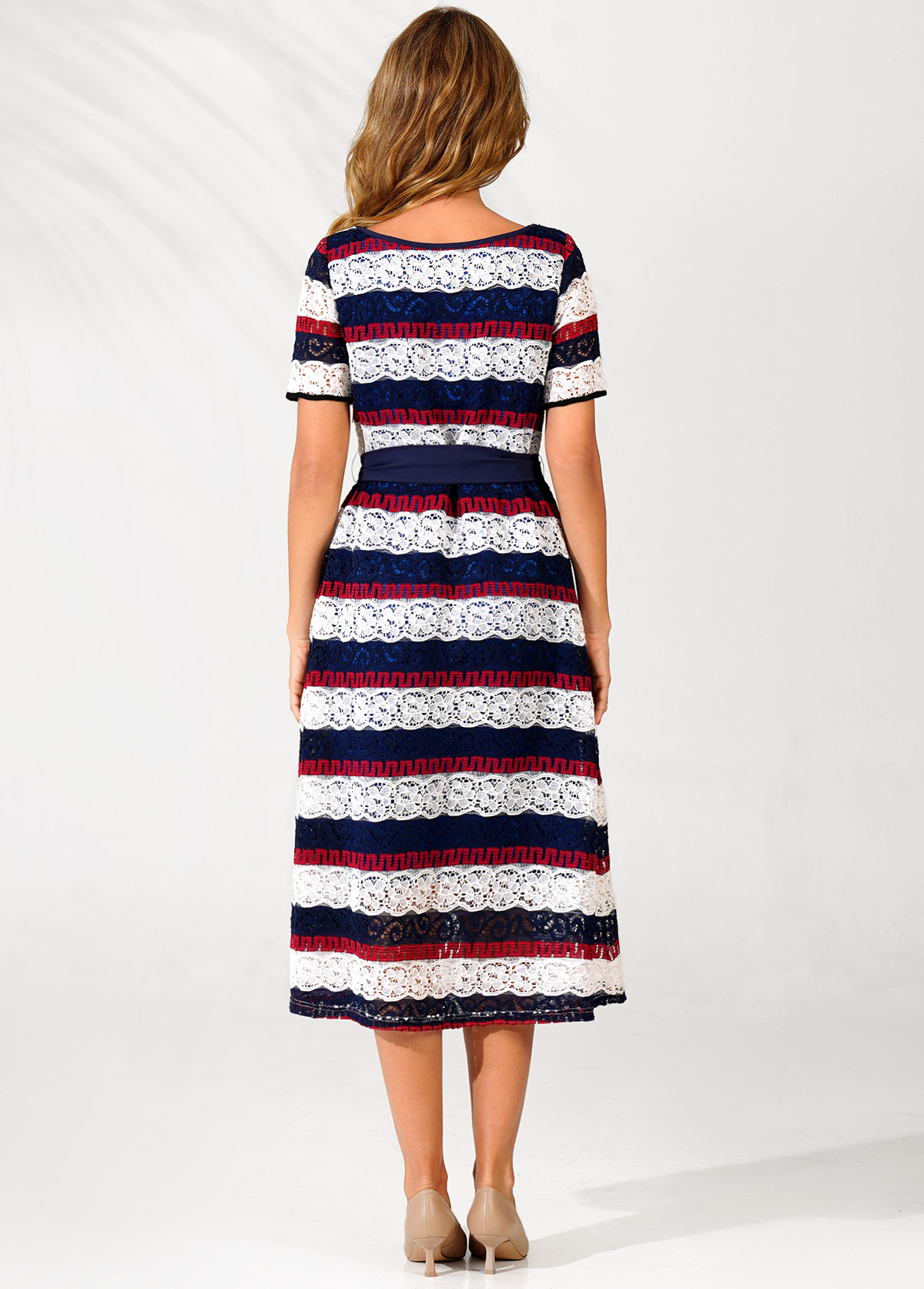 Lace Panel Striped Belted Color Block Dress