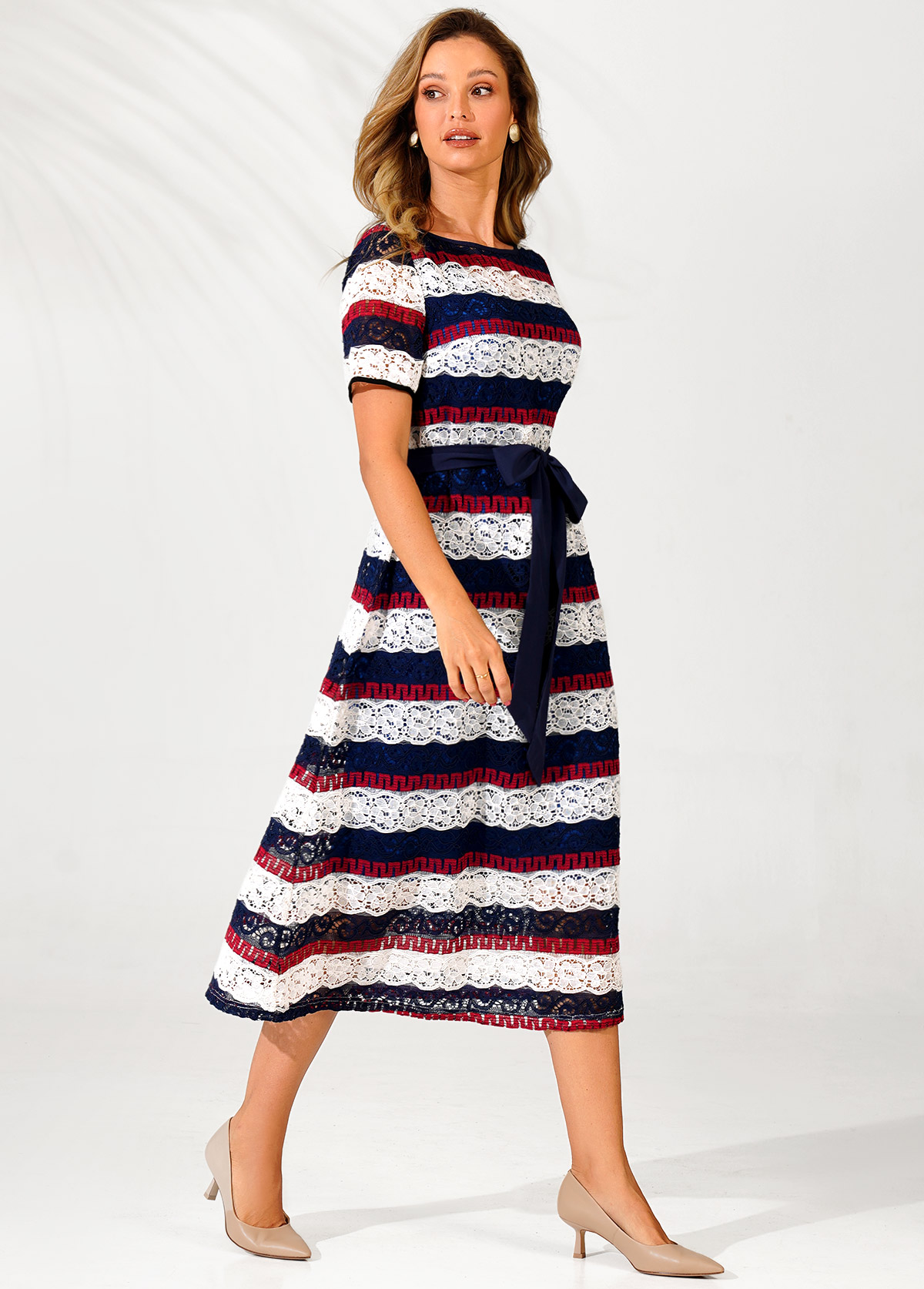 Lace Panel Striped Belted Color Block Dress