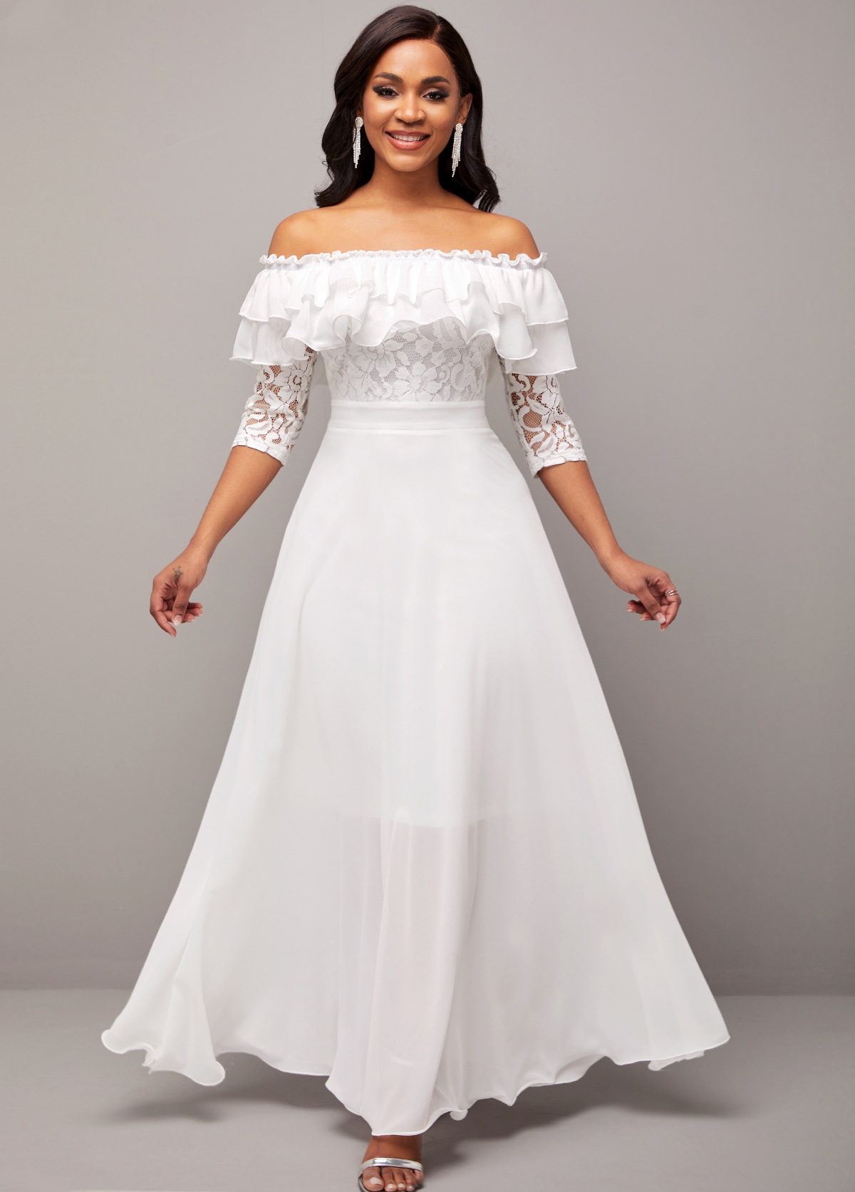 Flounce Lace Stitching Off Shoulder White Dress