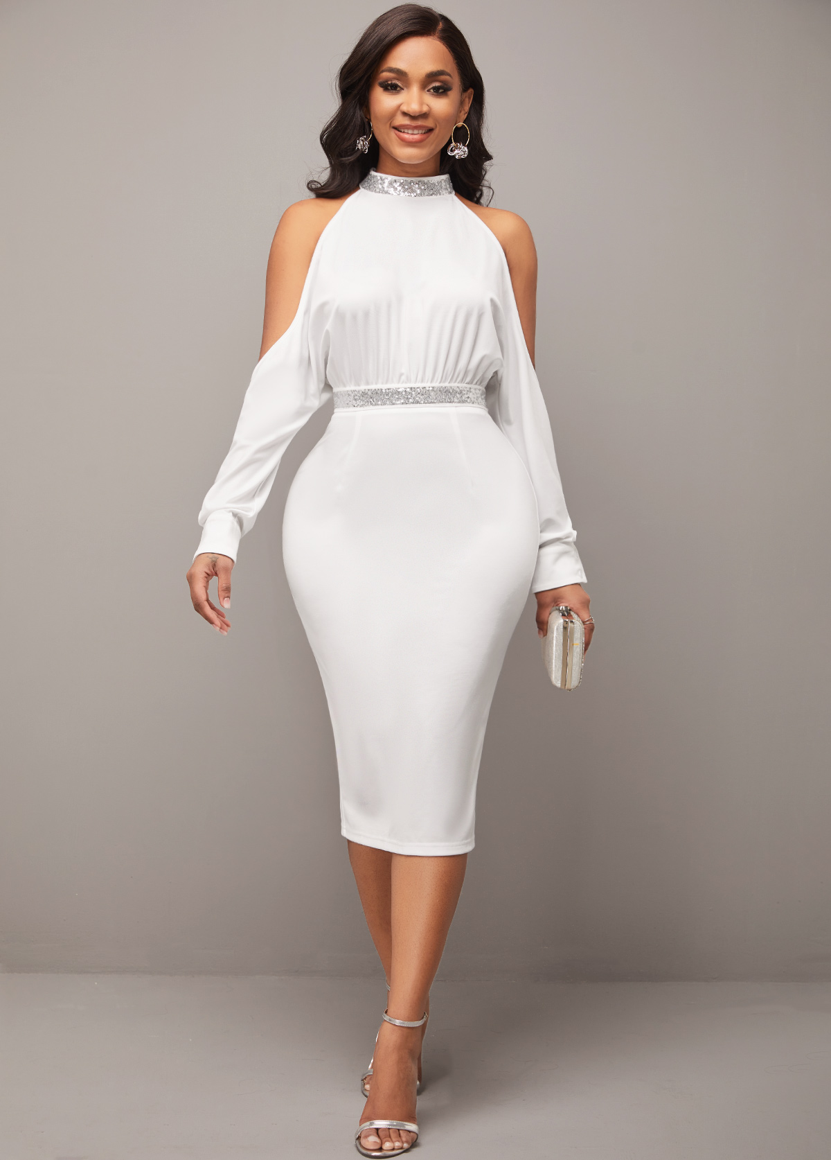 Cold Shoulder White Sequin Long Sleeve Dress