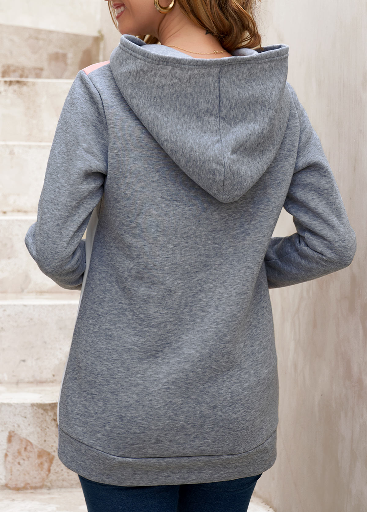 Grey Decorative Button Contrast Long Sleeve Hoodie