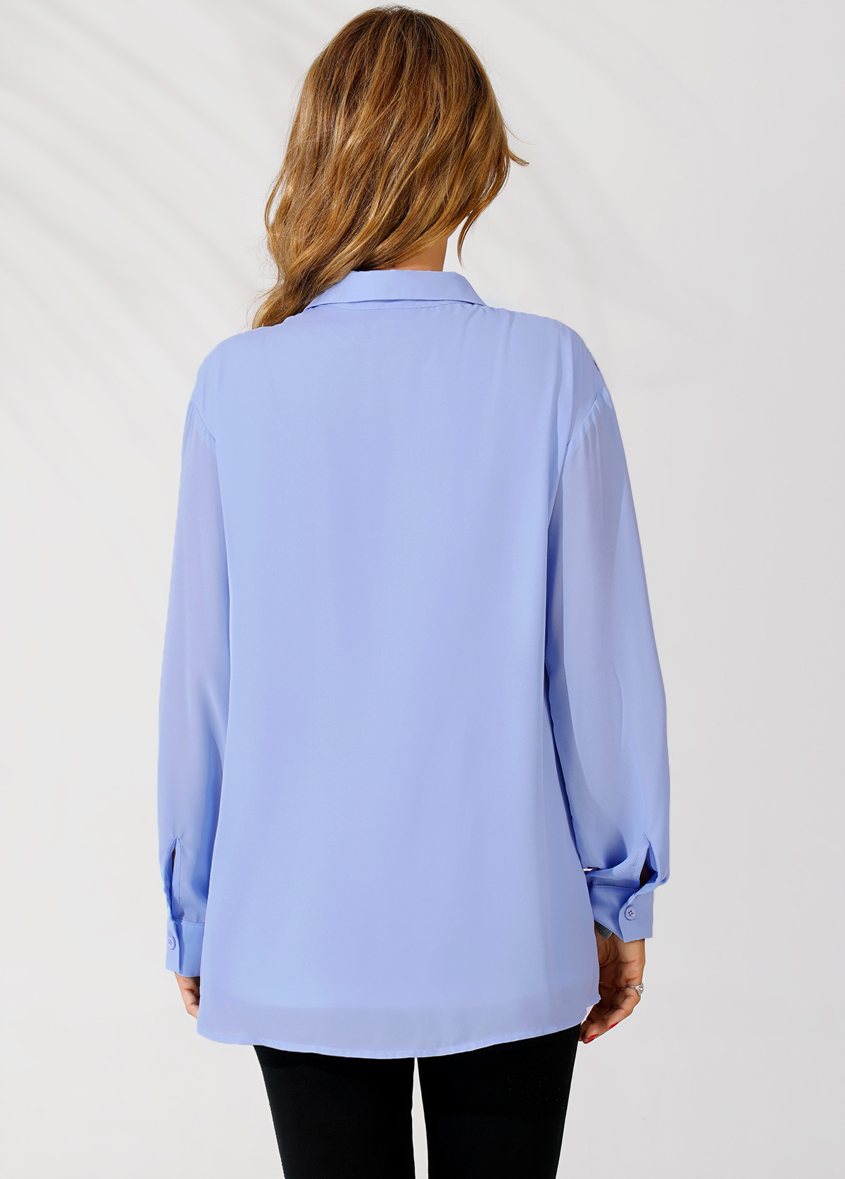 Lace Trim Turndown Collar Blue Long Sleeve Blouse