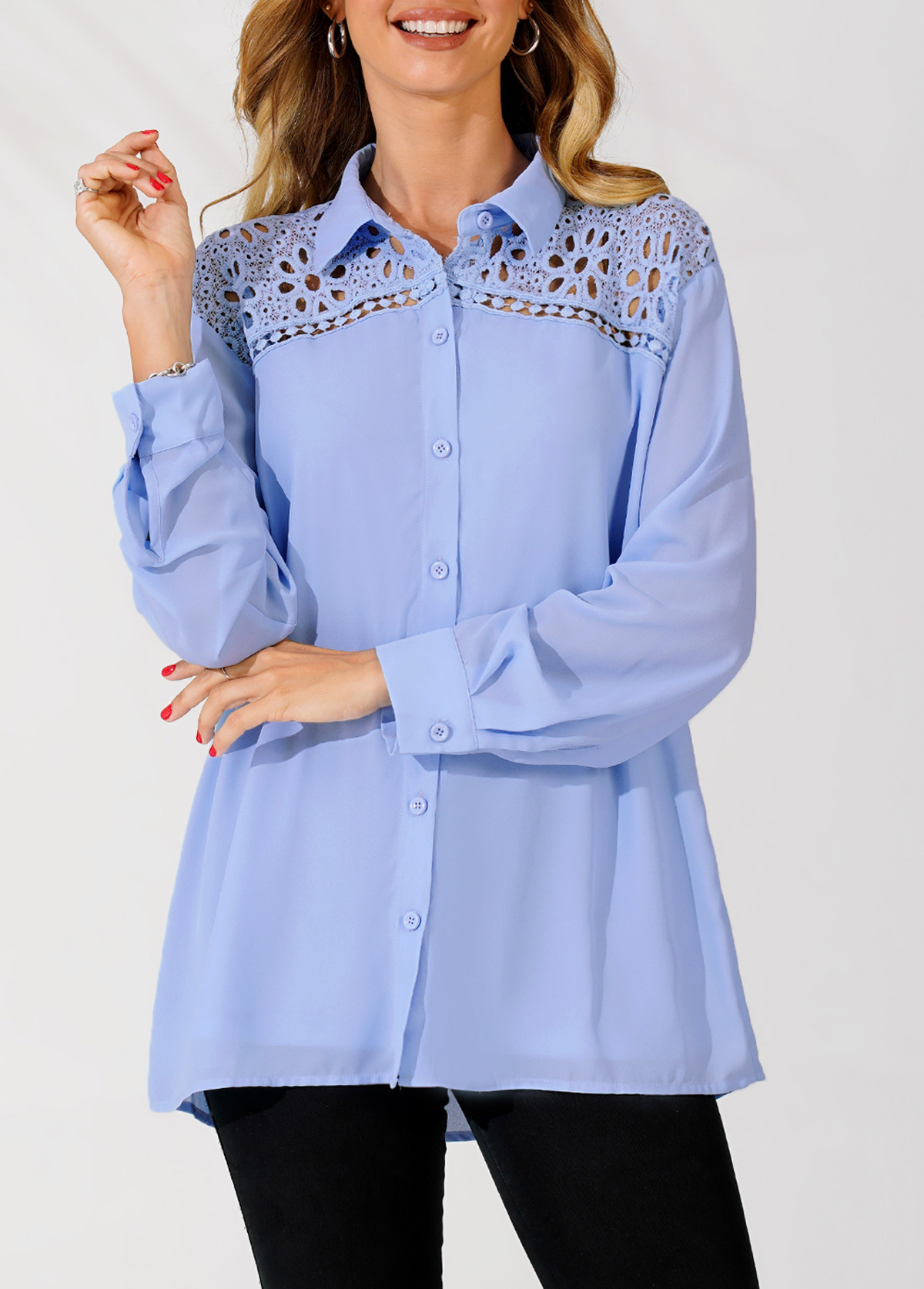 Lace Trim Turndown Collar Blue Long Sleeve Blouse