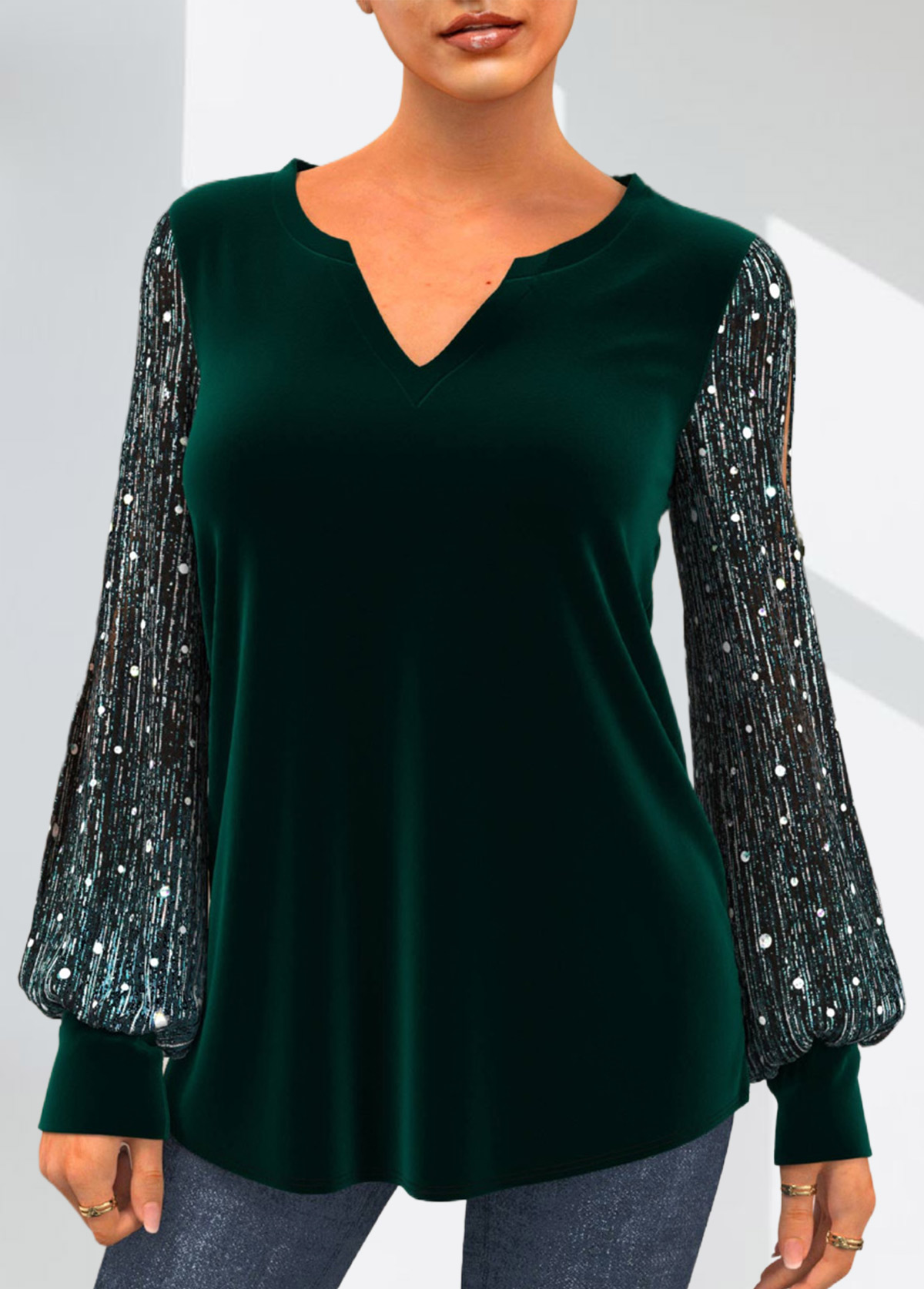 Sequin Velvet Stitching Split Neck Dark Green T Shirt