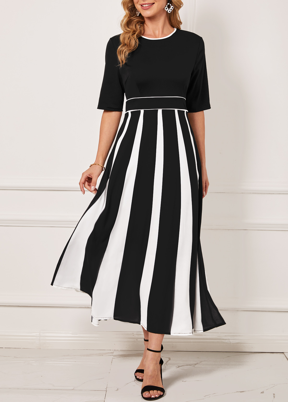 Monochrome Stripe Round Neck Black Dress