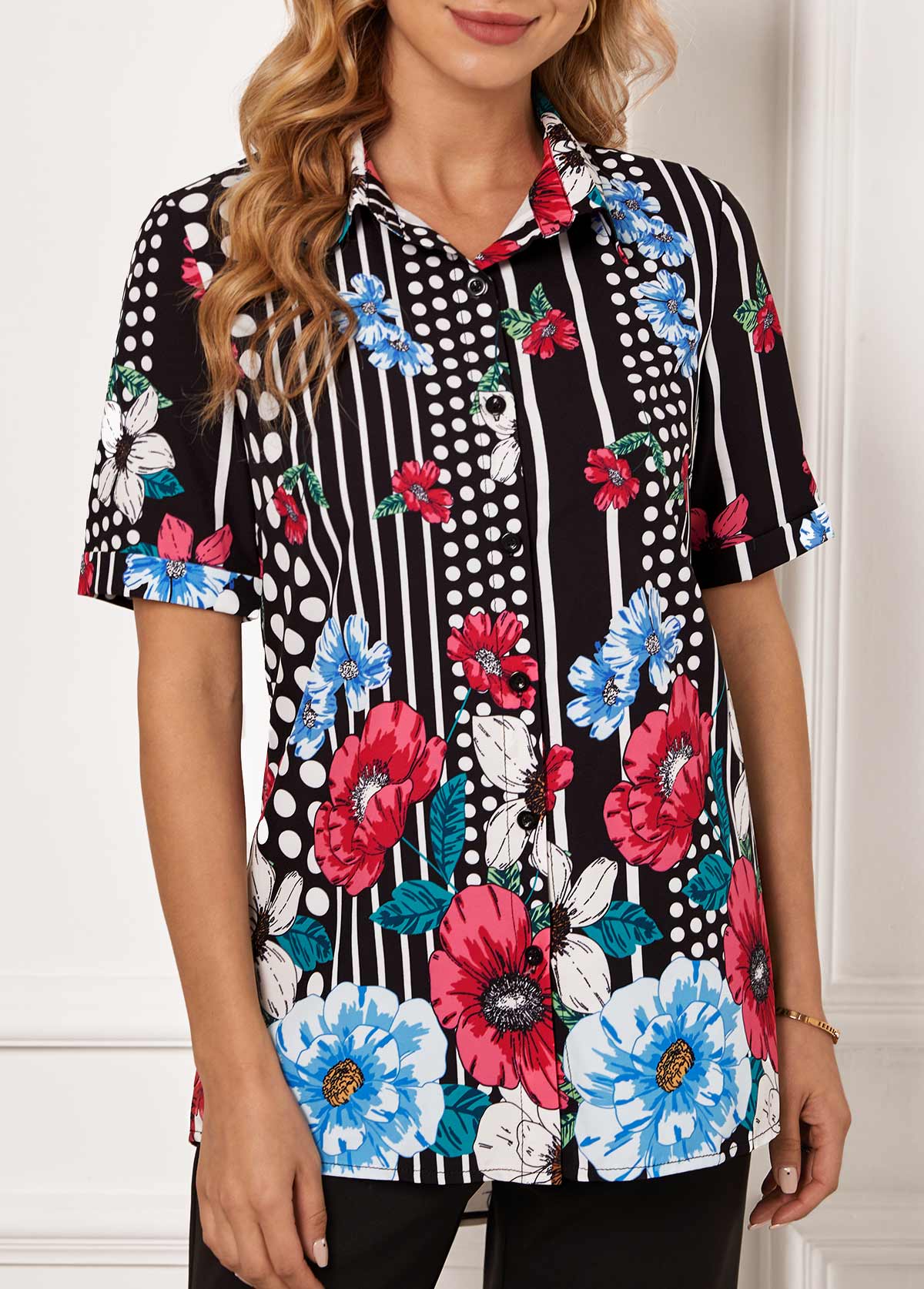 Polka Dot Floral Print Turndown Collar Blouse | picture 