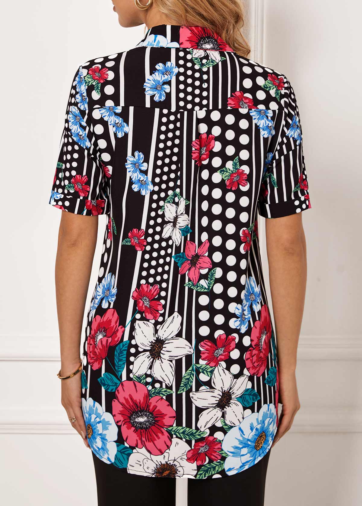 Polka Dot Floral Print Turndown Collar Blouse | picture 