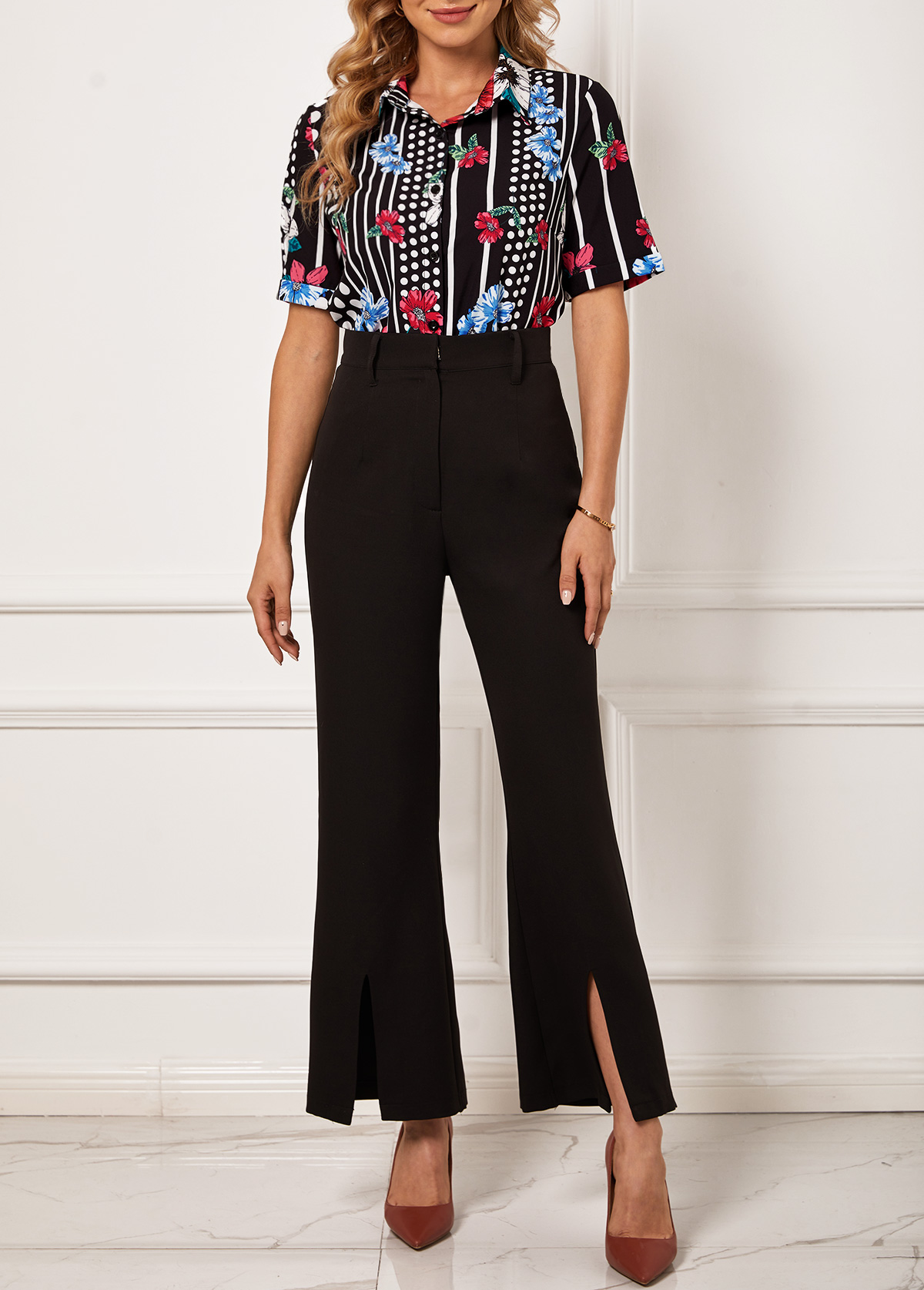 Polka Dot Floral Print Turndown Collar Blouse | picture 