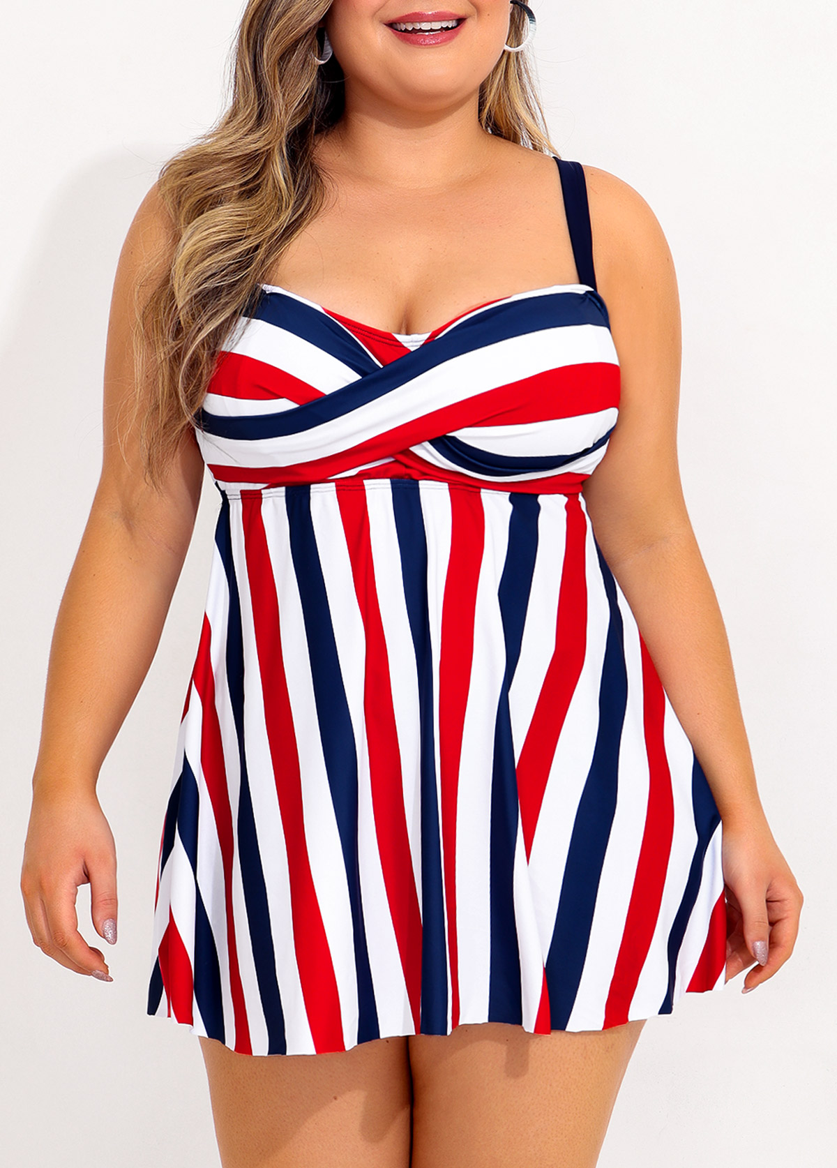 Plus Size Striped Cross Front Swimdress and Panty