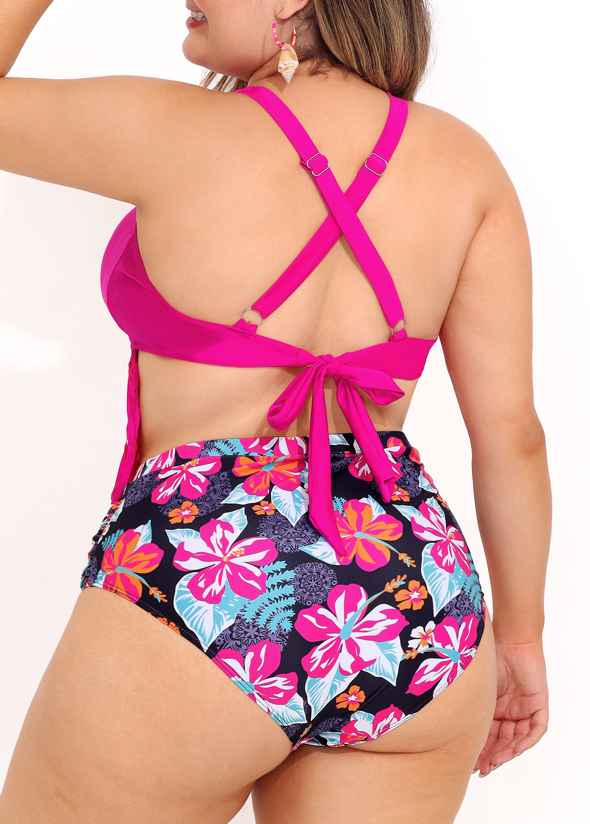 Plus Size Floral Print Tassel High Waist Bikini Set