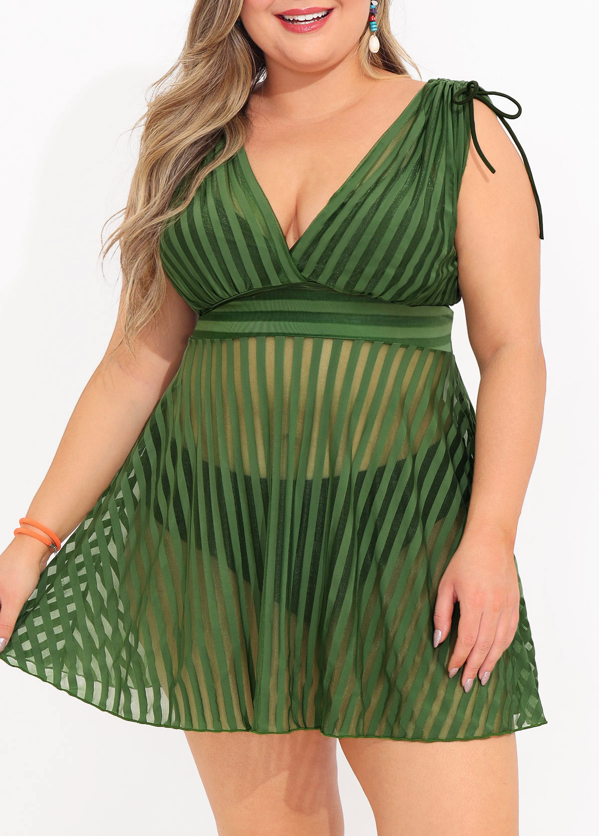 Plus Size Striped Olive Green Swimdress Top