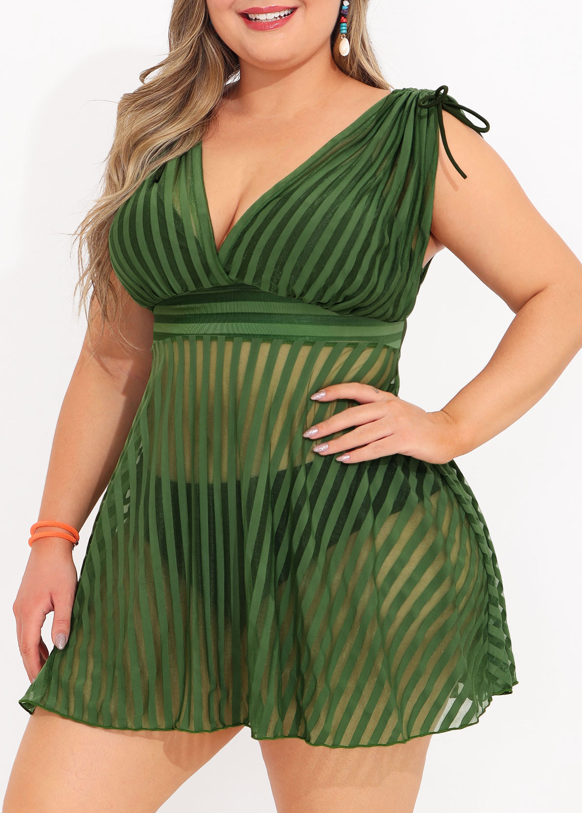 Plus Size Drawstring Olive Green Striped Tankini Set | picture 