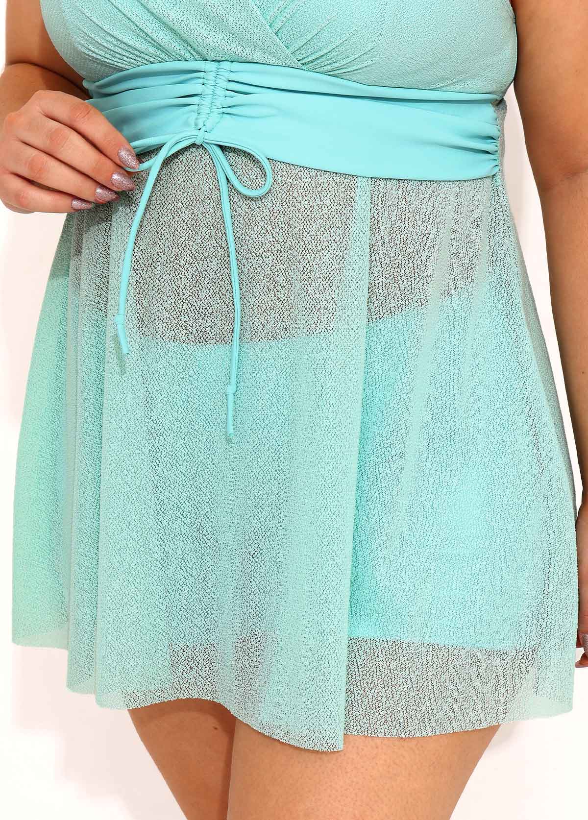 Plus Size Drawstring Detail Cyan Swimdress and Shorts | picture 