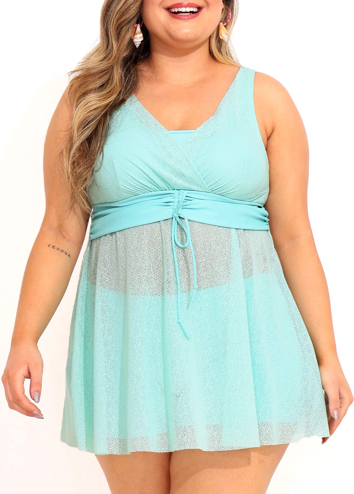 Plus Size Drawstring Detail Cyan Swimdress and Shorts | picture 