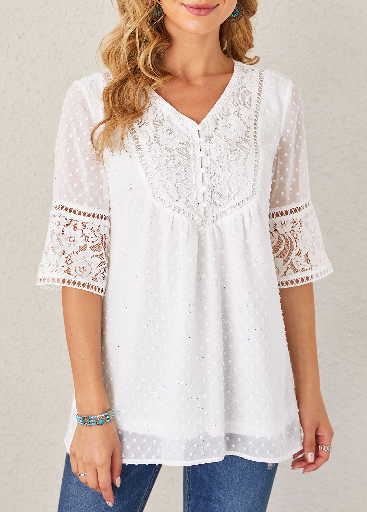 White Lace Stitching Sequin V Neck Blouse