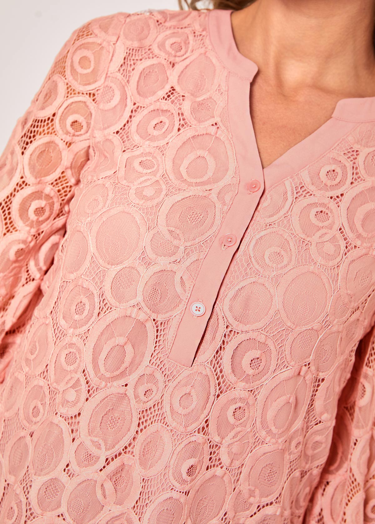 Pink Lace Stitching Split Neck Blouse | picture 