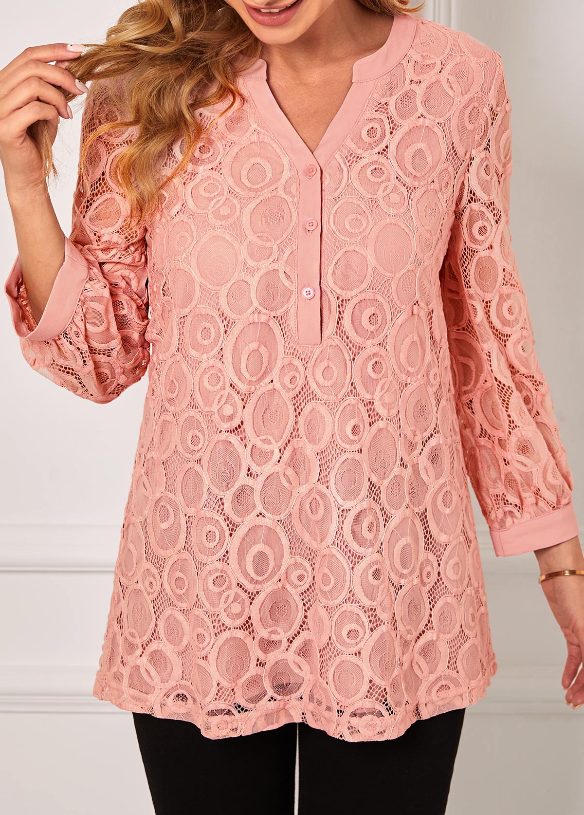 Pink Lace Stitching Split Neck Blouse | picture 