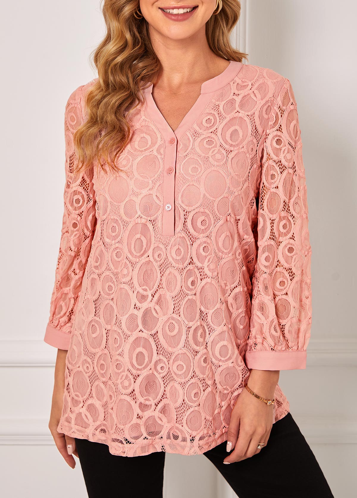 Pink Lace Stitching Split Neck Blouse | picture 