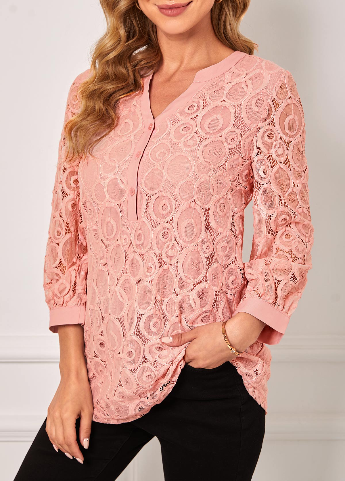 Pink Lace Stitching Split Neck Blouse | picture 
