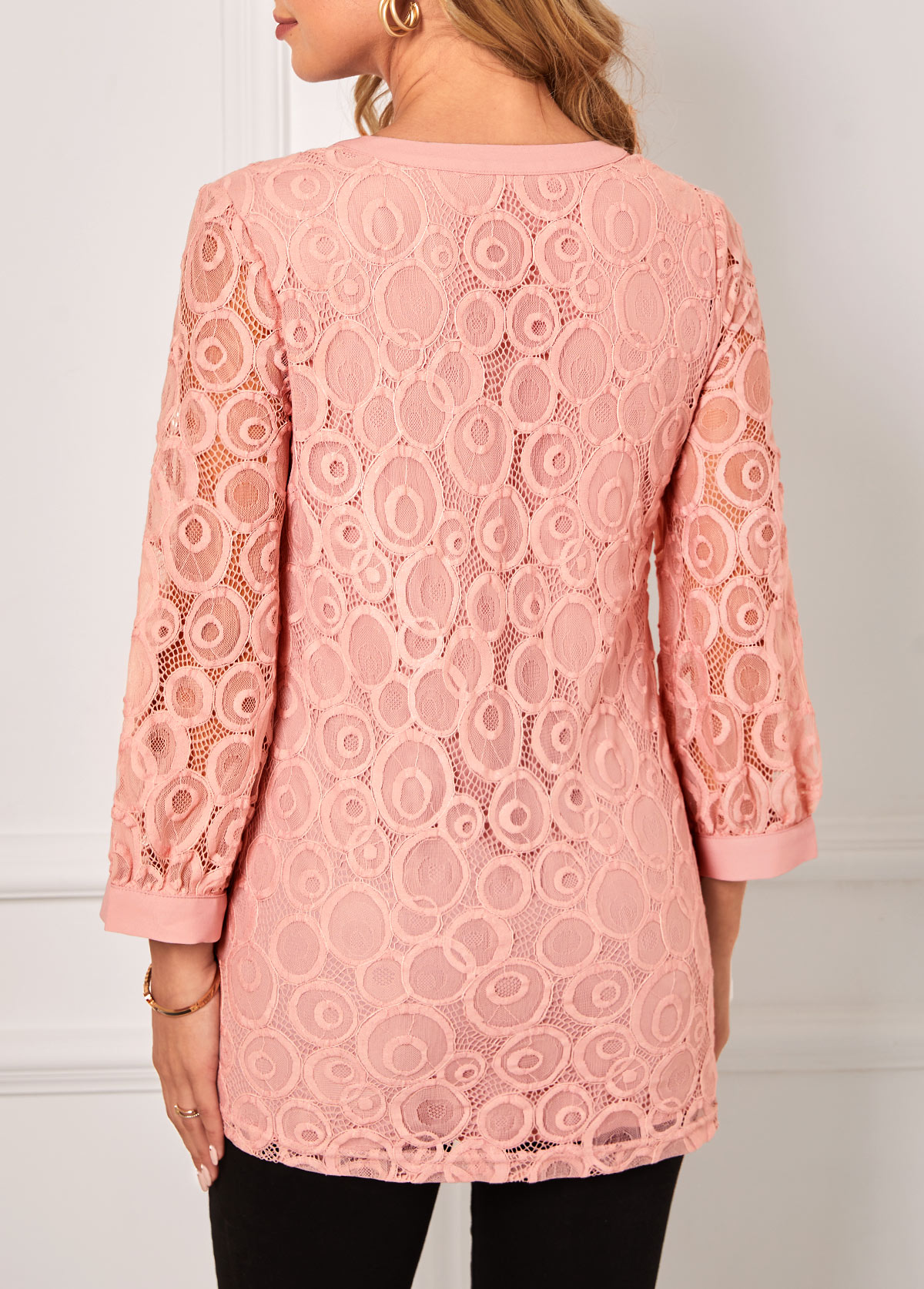 Pink Lace Stitching Split Neck Blouse | picture 
