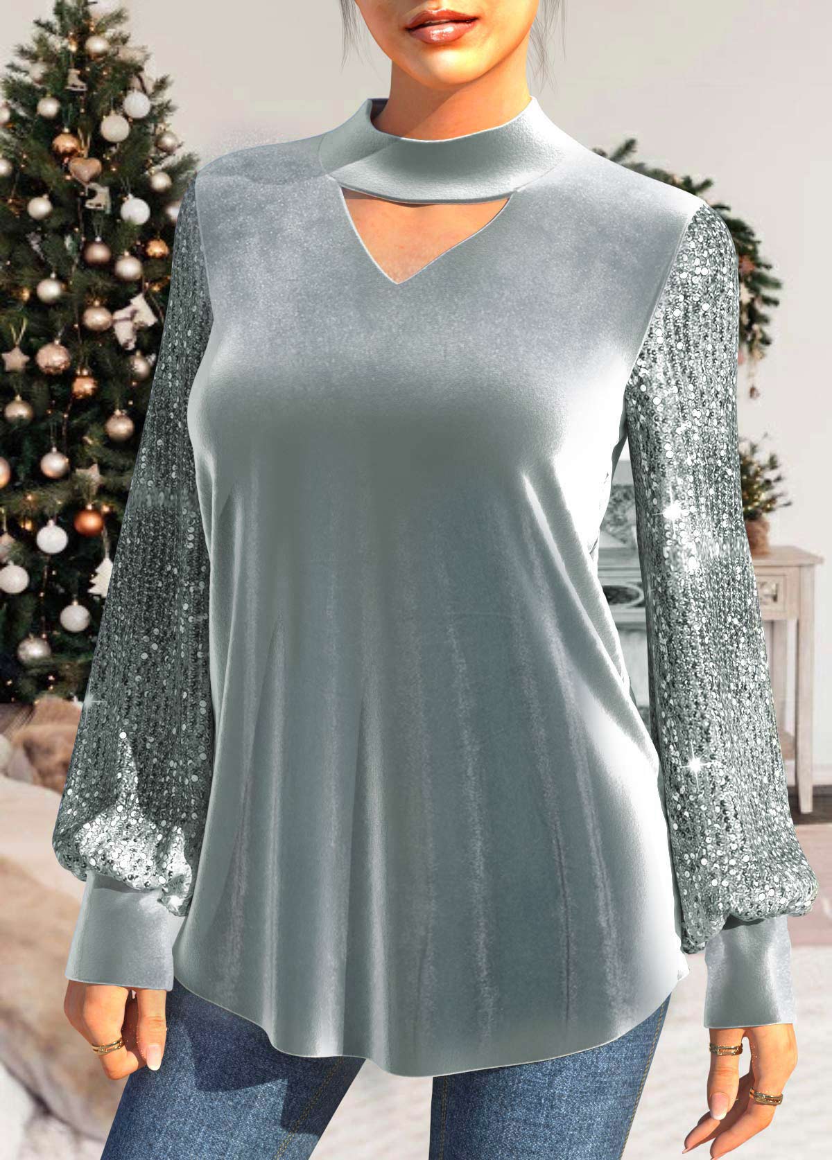 Sequin Long Sleeve Grey Velvet Stitching T Shirt