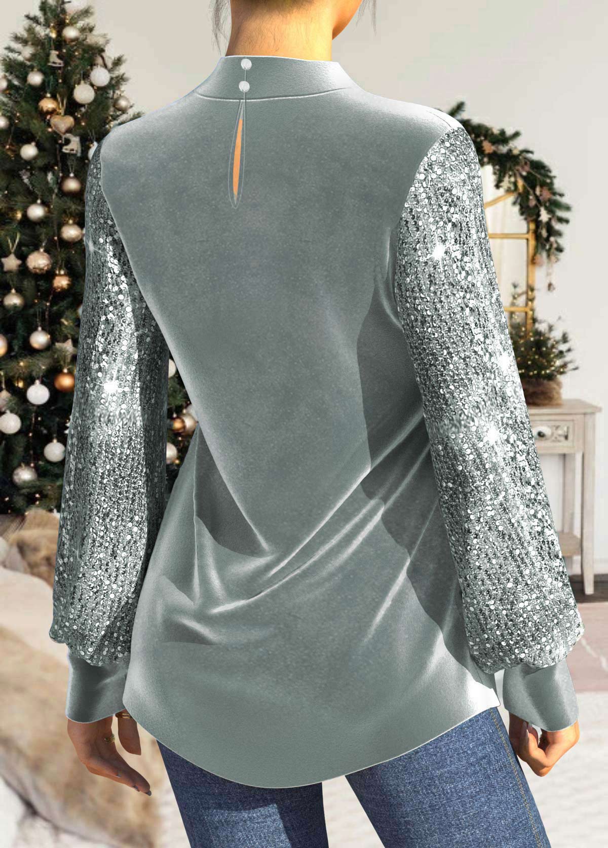 Sequin Long Sleeve Grey Velvet Stitching T Shirt