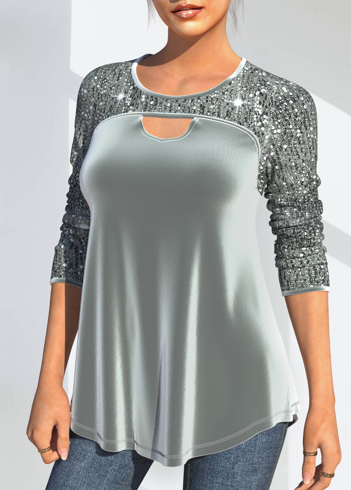 Sequin Velvet Stitching Cutout Design Grey T Shirt