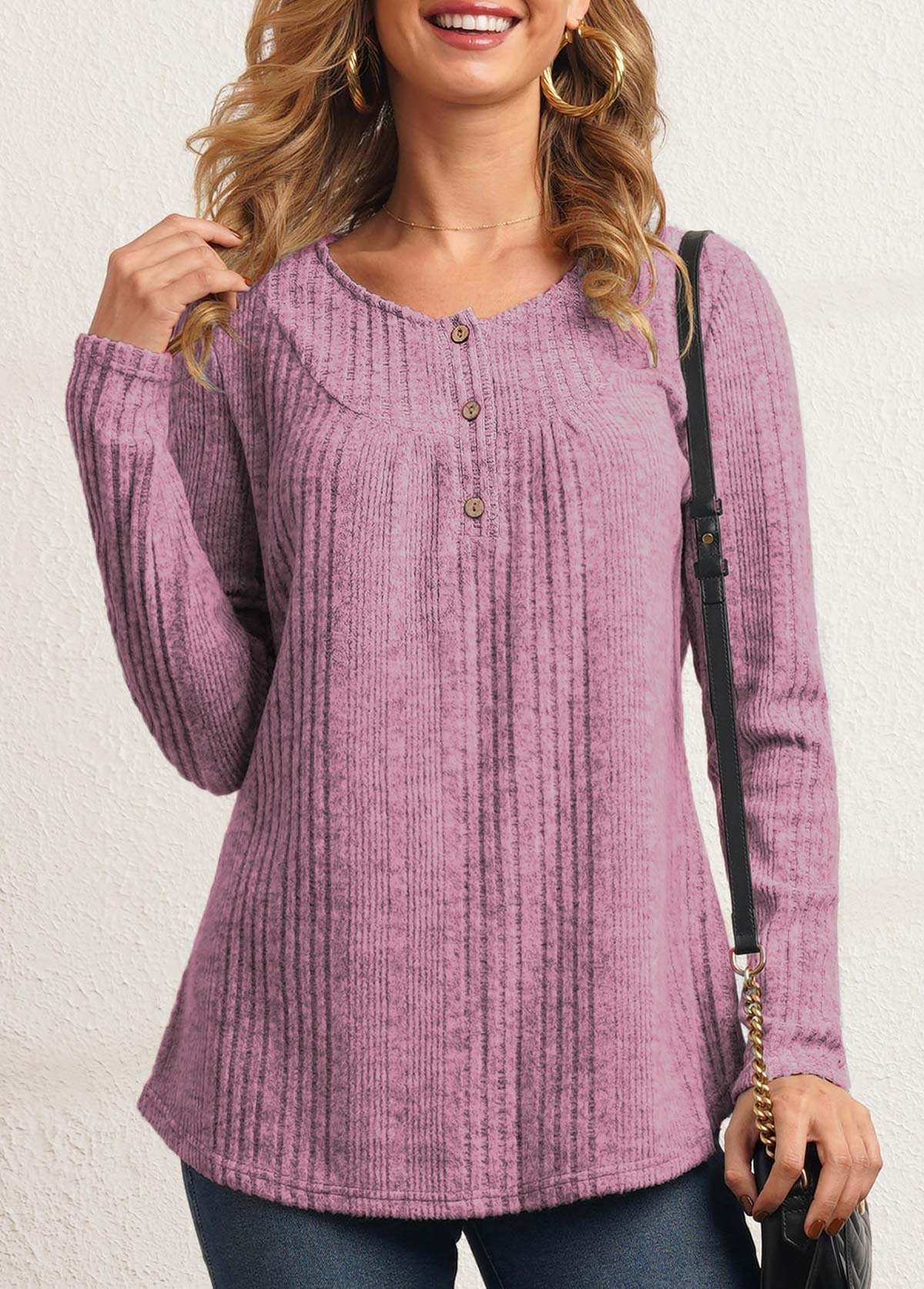 Light Purple Button Detail Textile Fabric T Shirt
