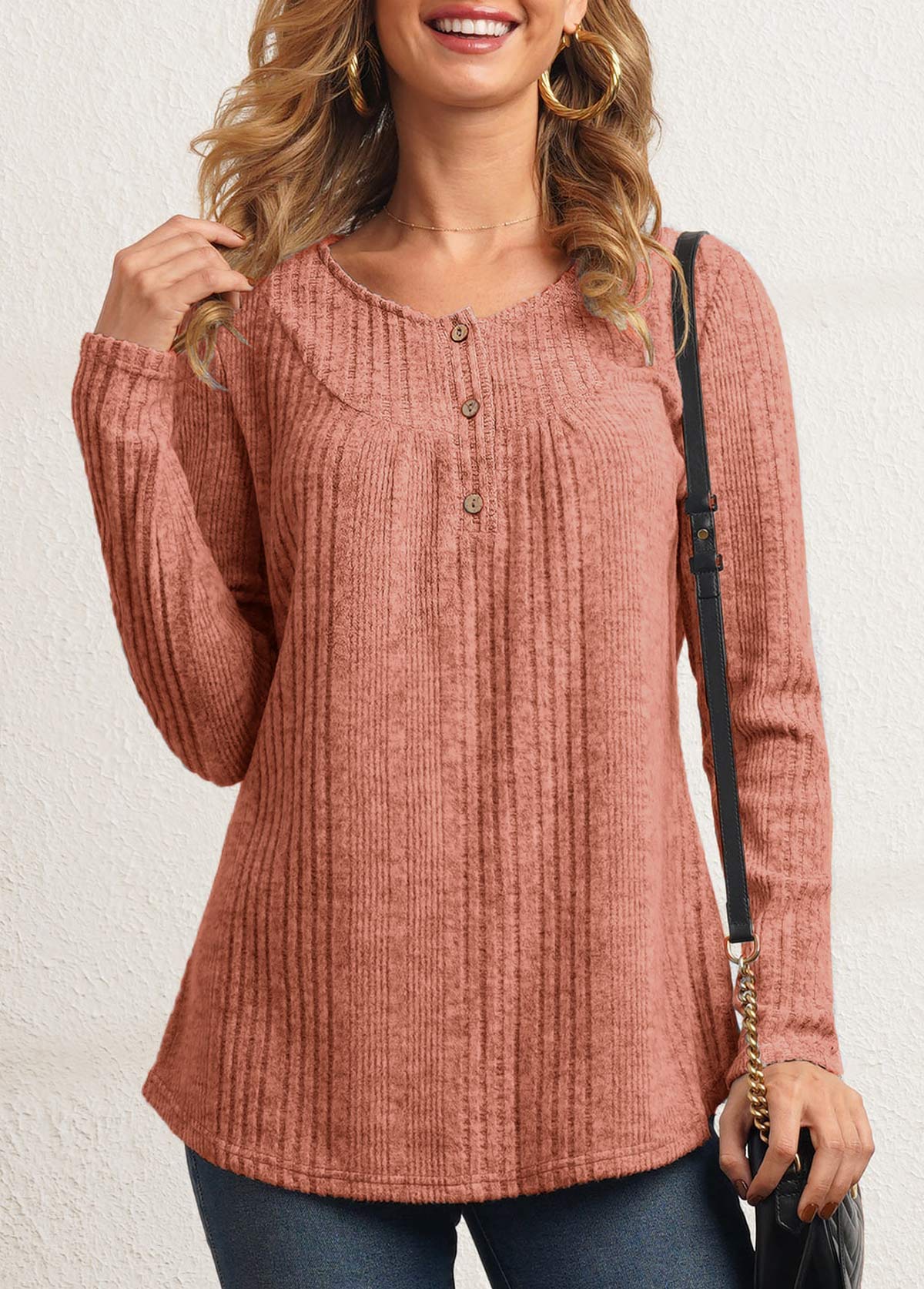Dusty Pink Button Detail Textile Fabric T Shirt