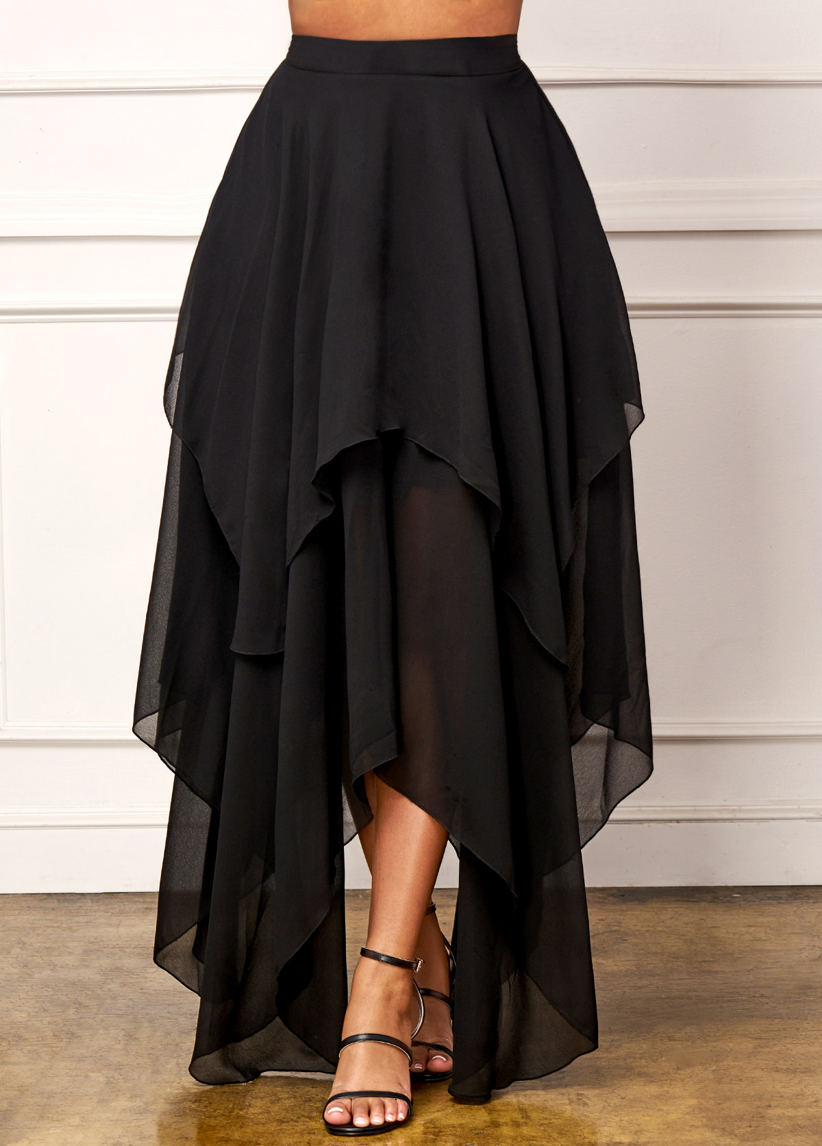 Asymmetric Hem Black High Waist Skirt