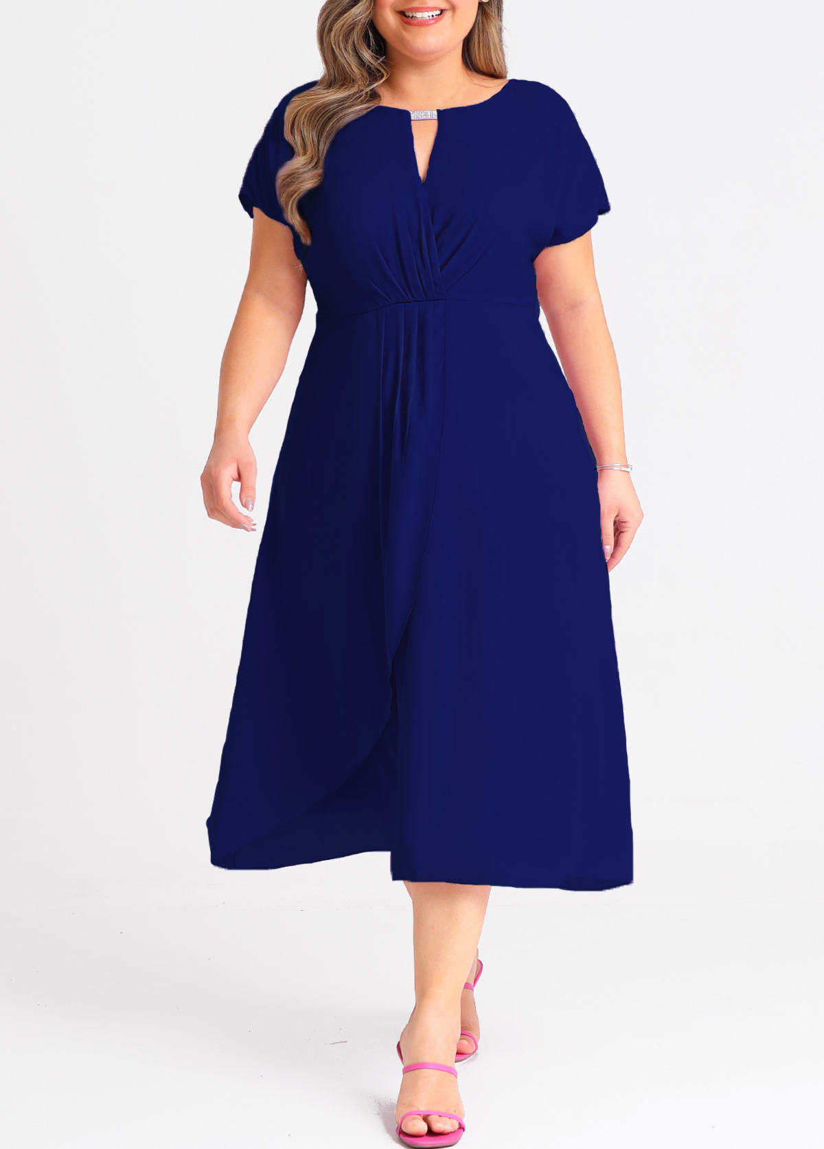Plus Size Short Sleeve Navy Blue Dress