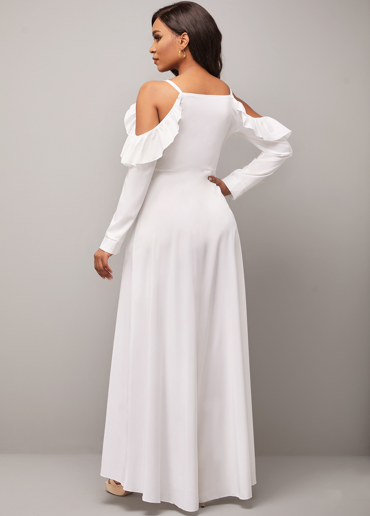 Flounce Strappy Cold Shoulder Decorative Button White Dress