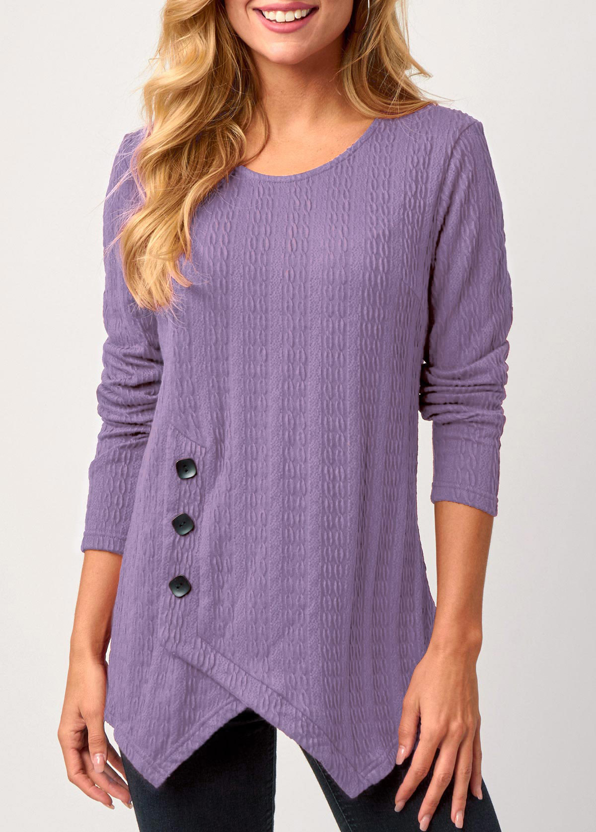 Light Purple Asymmetric Hem Decorative Button Sweatshirt