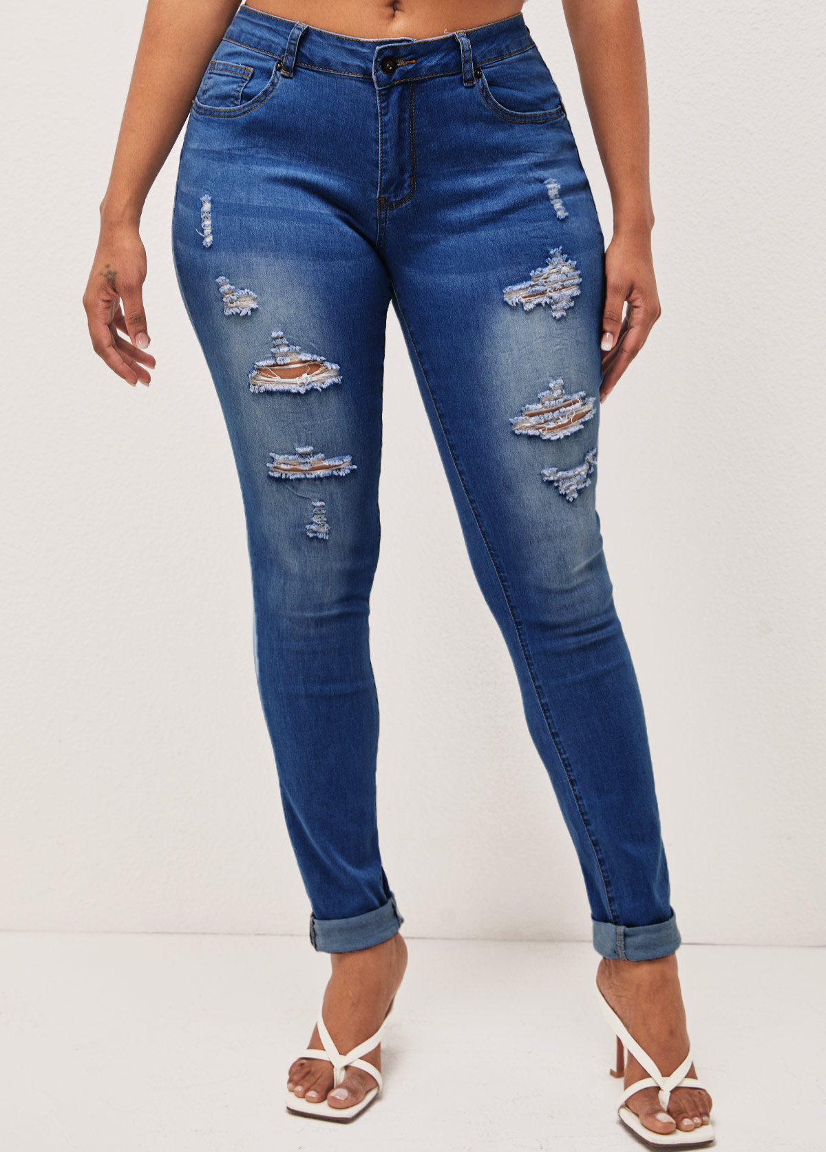 Shredded Pocket Skinny Denim Blue Mid Waist Jeans