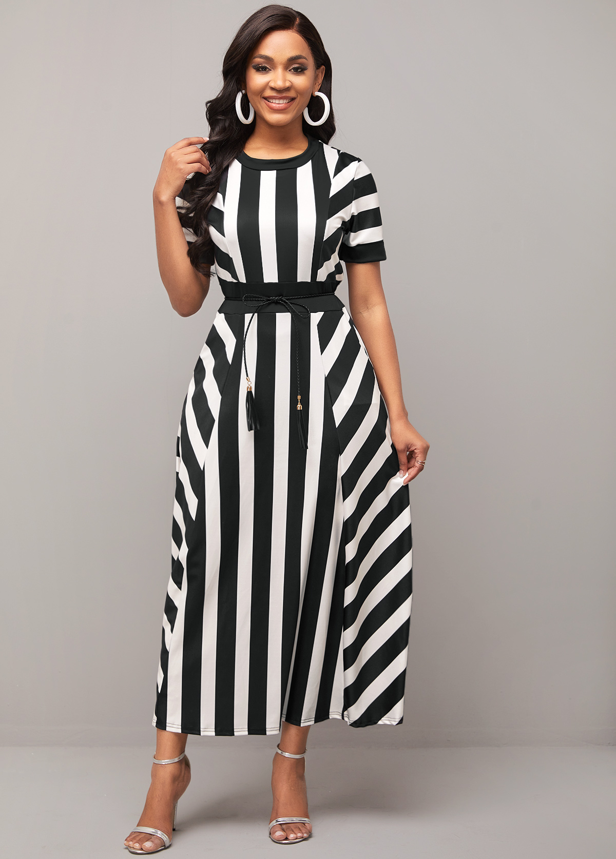 Striped Round Neck Belted Color Block Dress