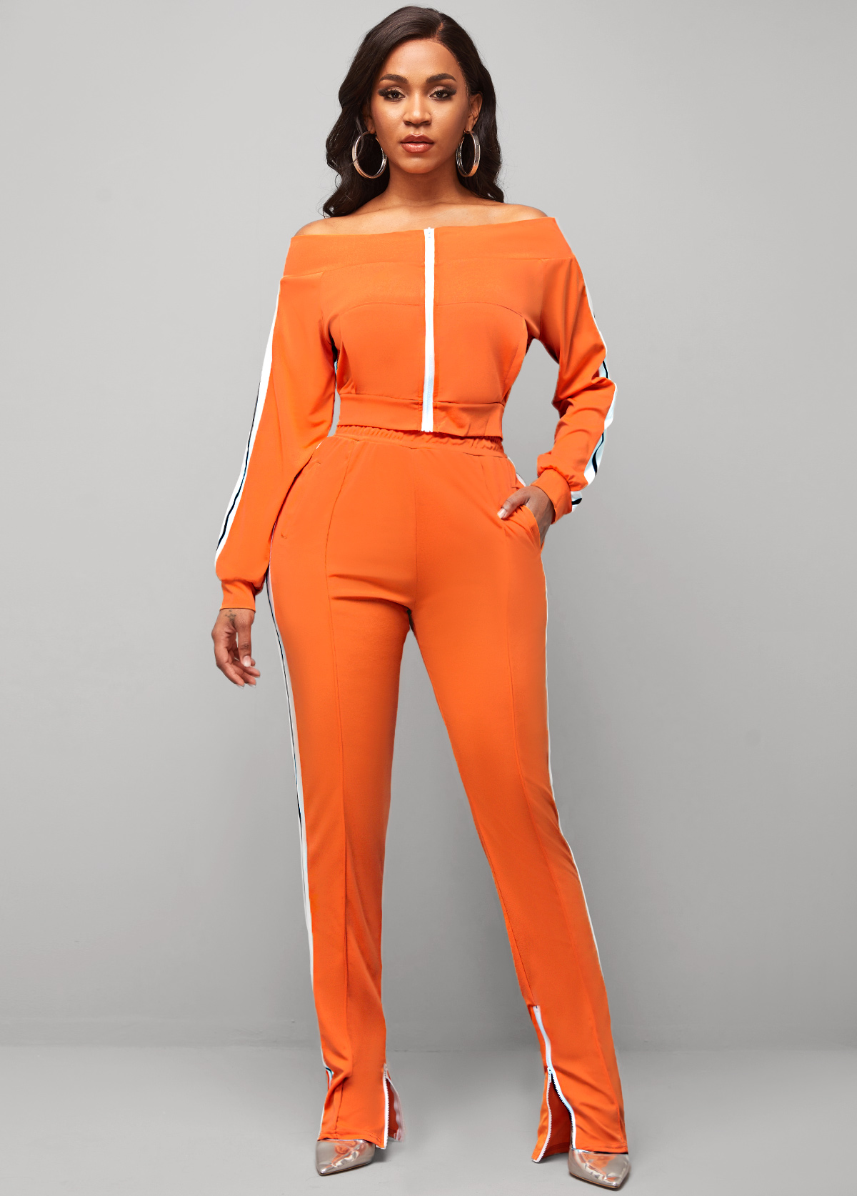Zipper Closure Orange Contrast Off Shoulder Sweatsuit Set