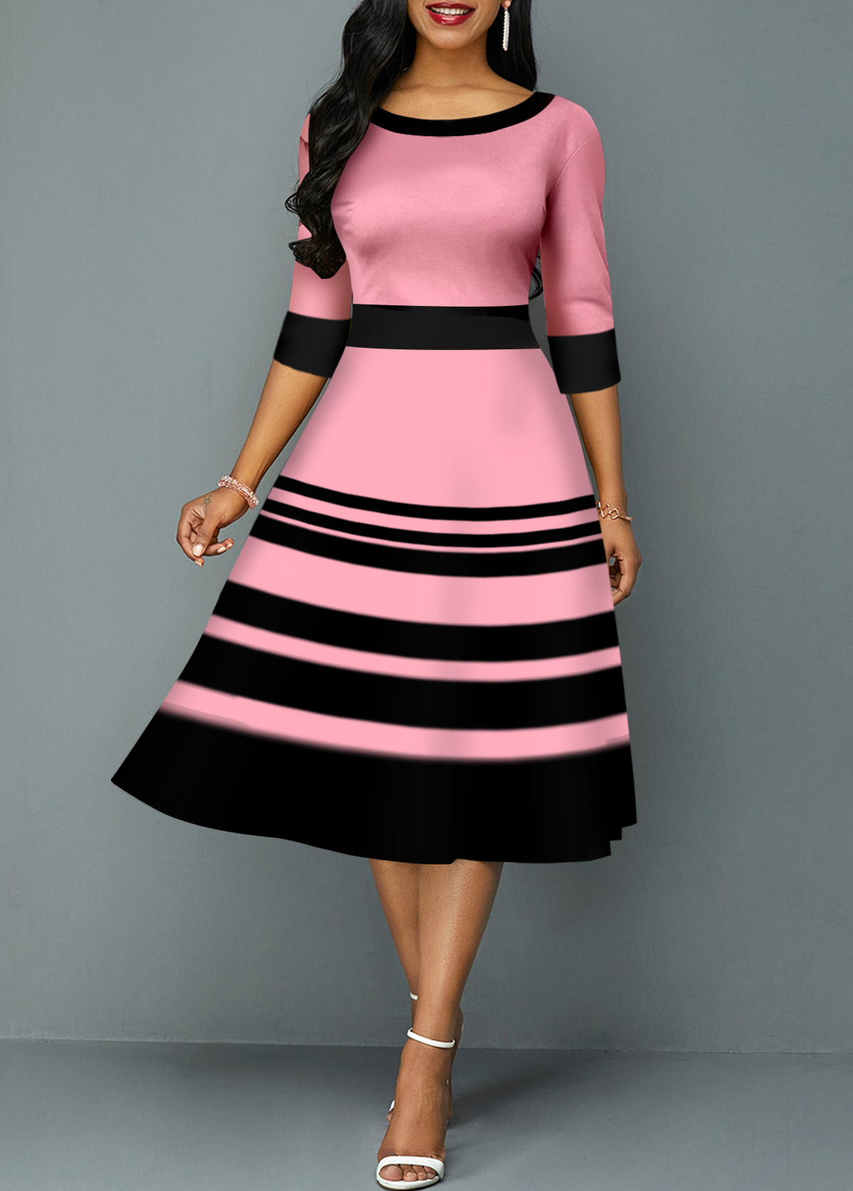 Stripe Print Round Neck Pink Dress