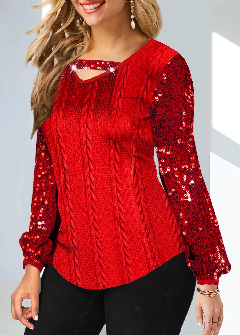 Red Sequin Cutout V Neck T Shirt