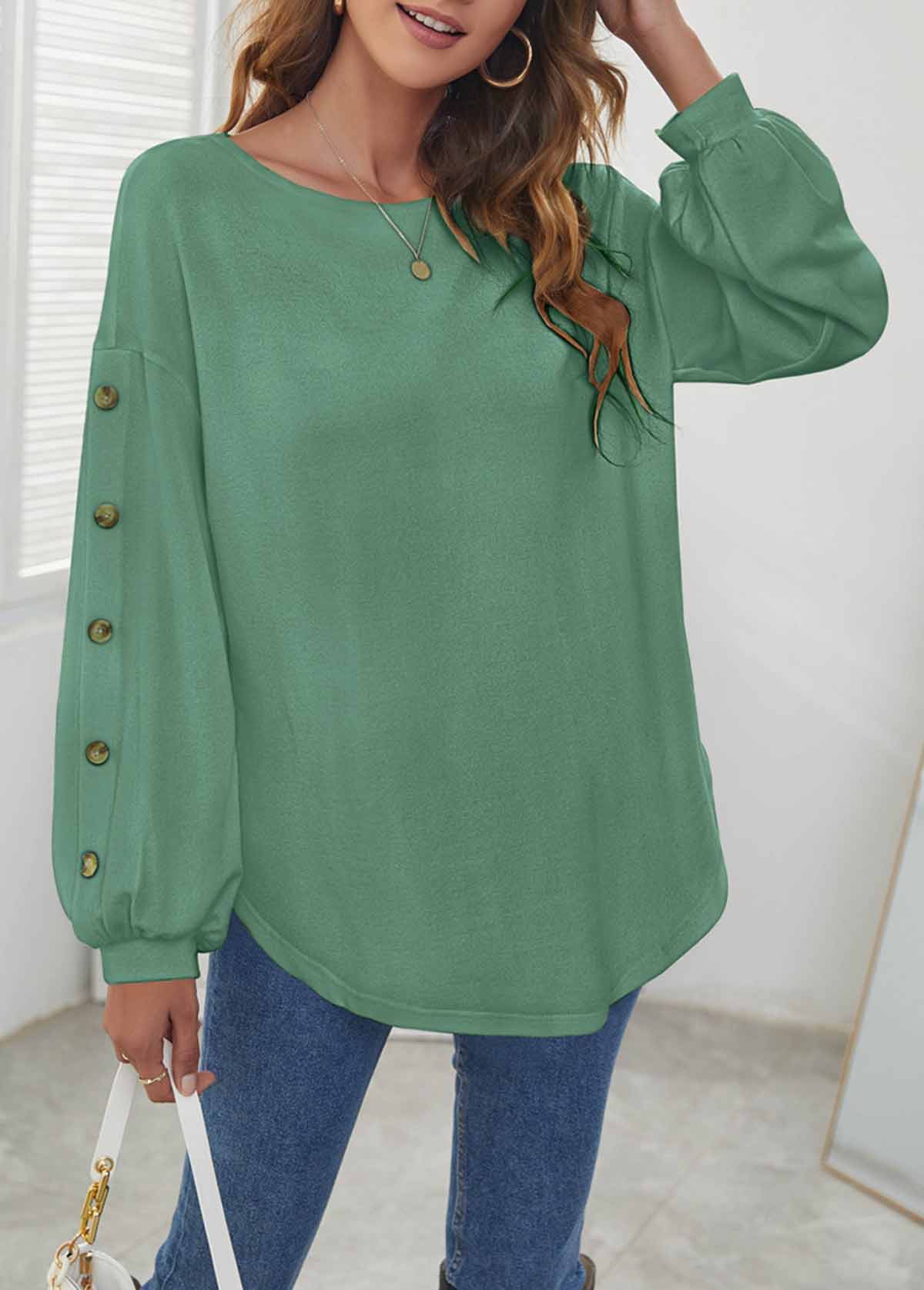 Sage Green Long Sleeve Decorative Button T Shirt