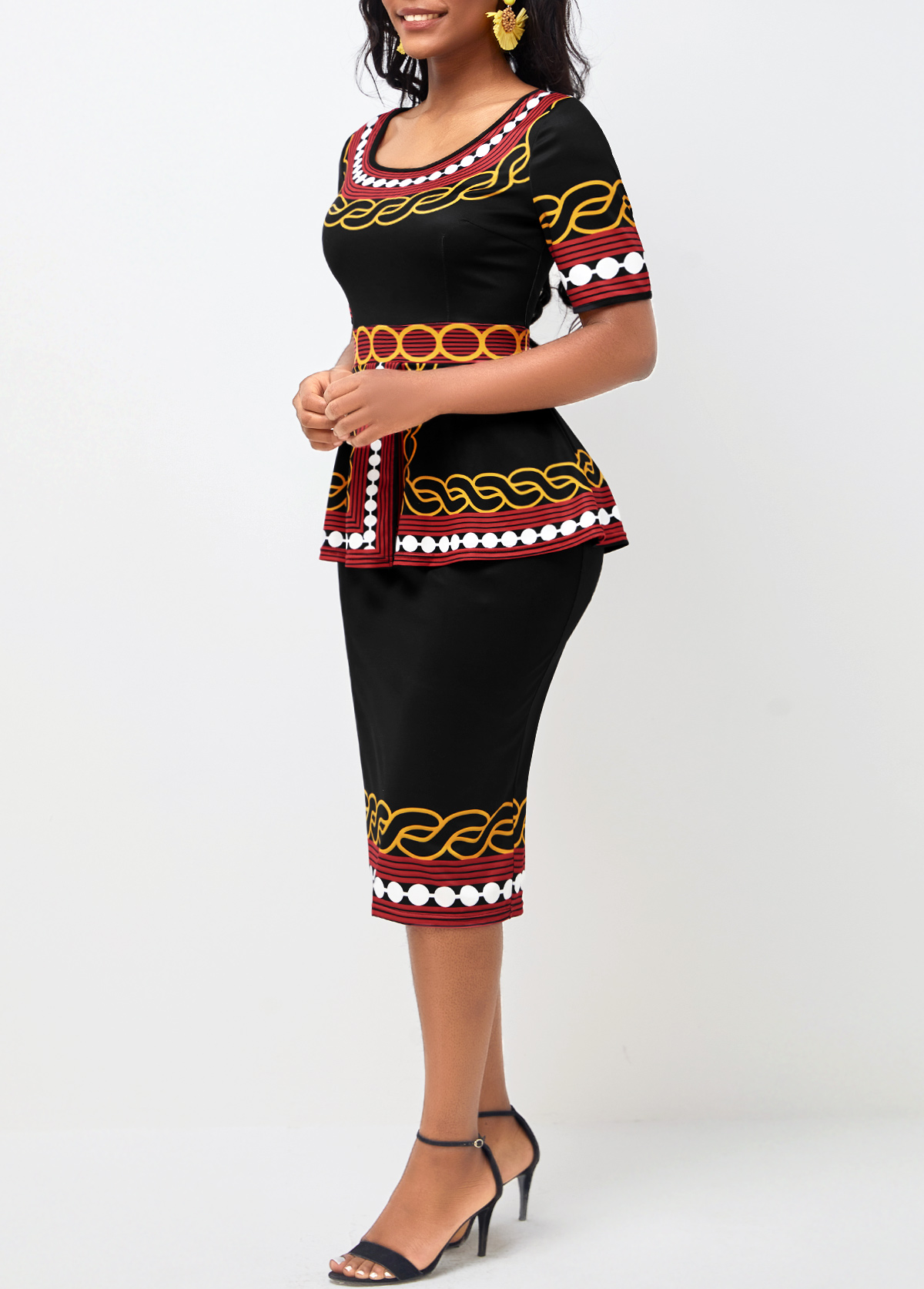 Tribal Print Round Neck Peplum Waist Black Dress