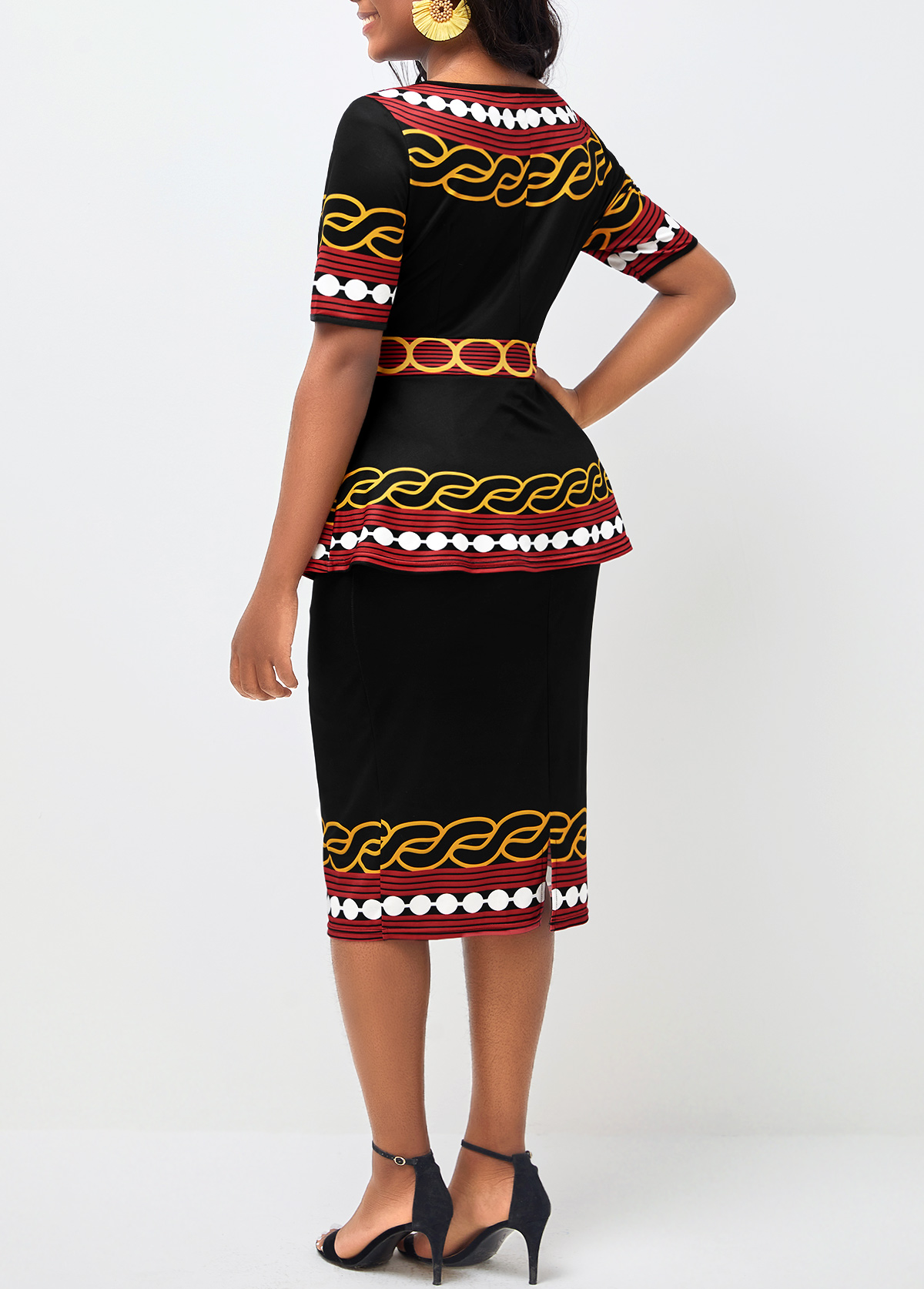 Tribal Print Round Neck Peplum Waist Black Dress