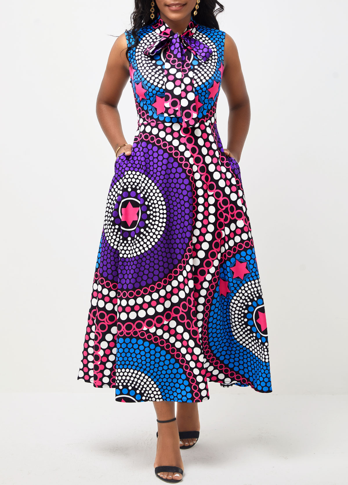 Double Side Pockets Tribal Print Multi Color Dress