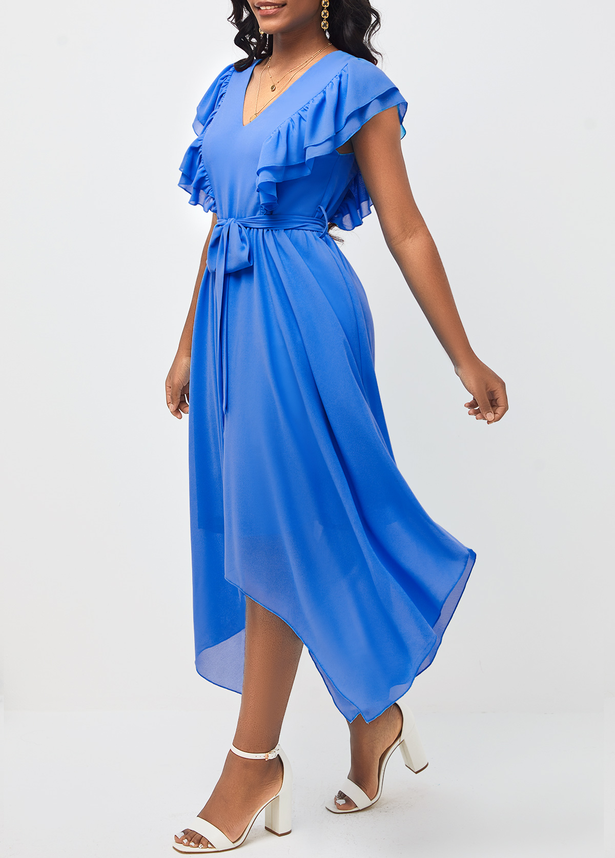 Asymmetric Hem Belted V Neck Blue Dress