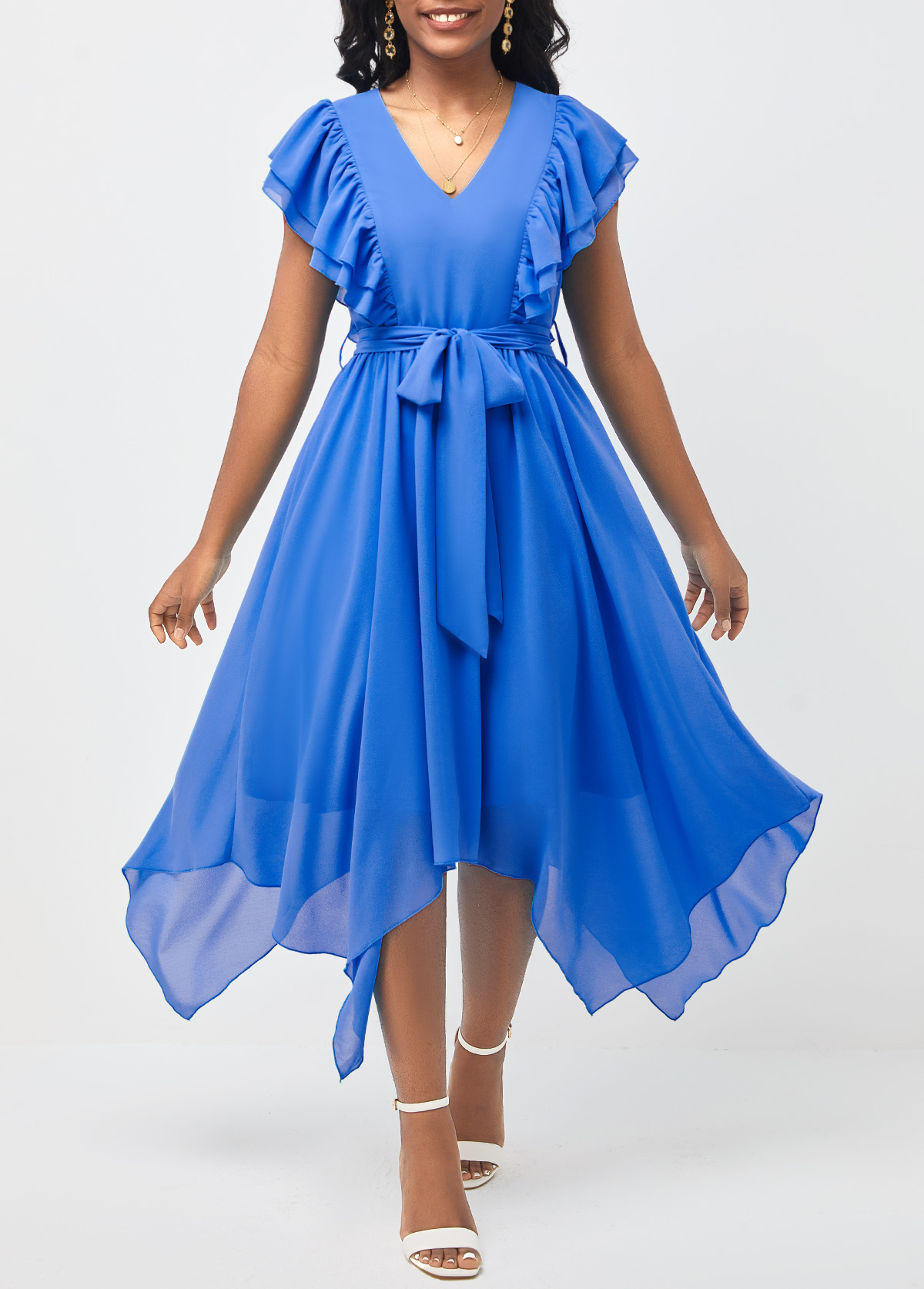 Asymmetric Hem Belted V Neck Blue Dress