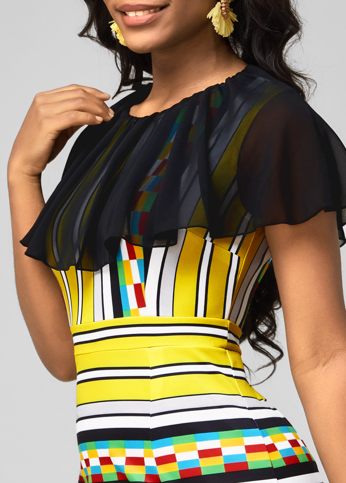 Chiffon Panel Multi Color Striped Bodycon Dress