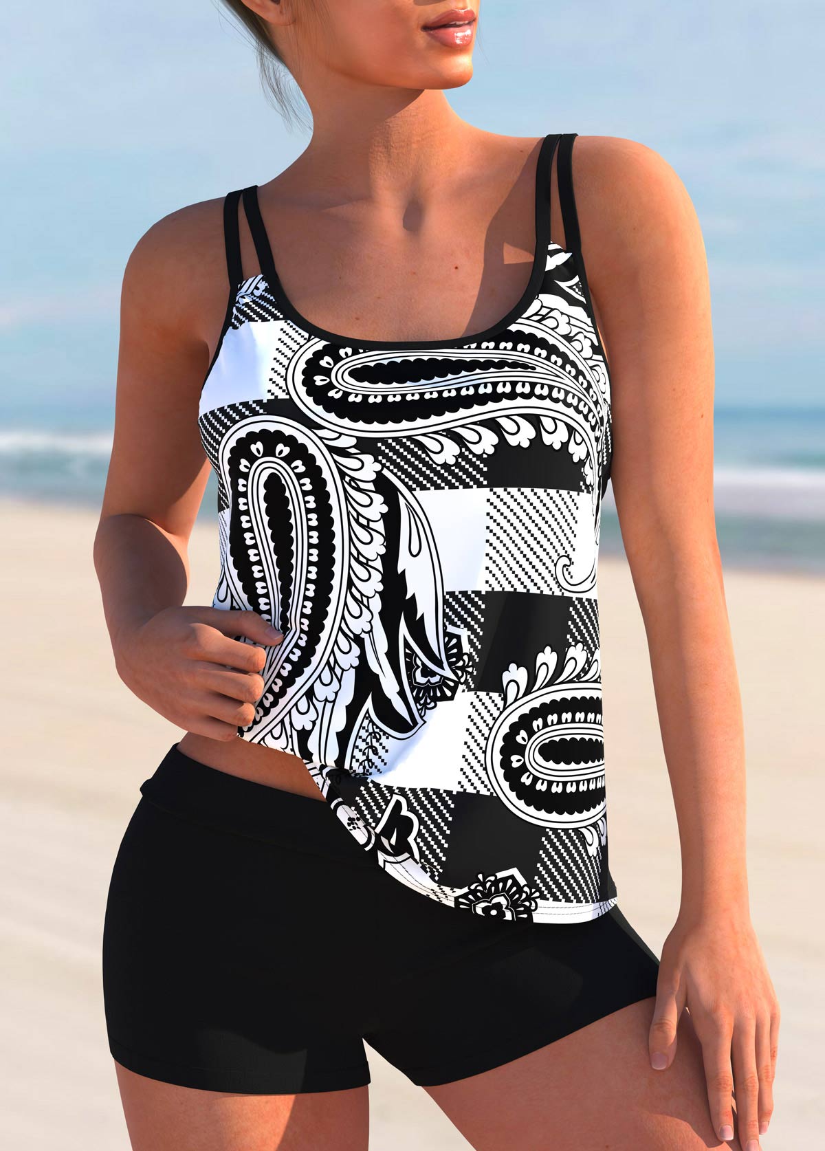 Paisley Print Double Straps Black Tankini Top-No Bottom | linkimg
